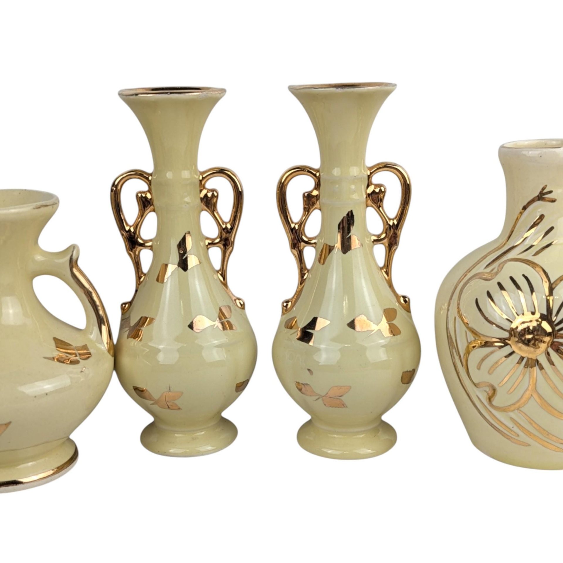 Set of 4 Vintage Yellow Vases: Art Deco & MCM Ceramic Decor with Gold Accents