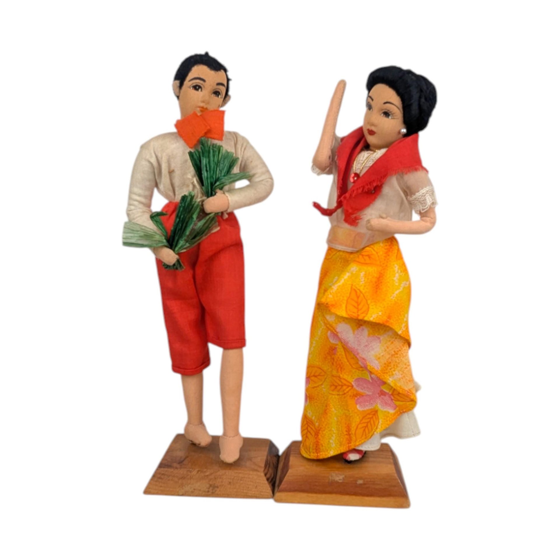 Vintage Filipino Folk Art Doll Couple, Handcrafted Couple Figurines on Wood Stands