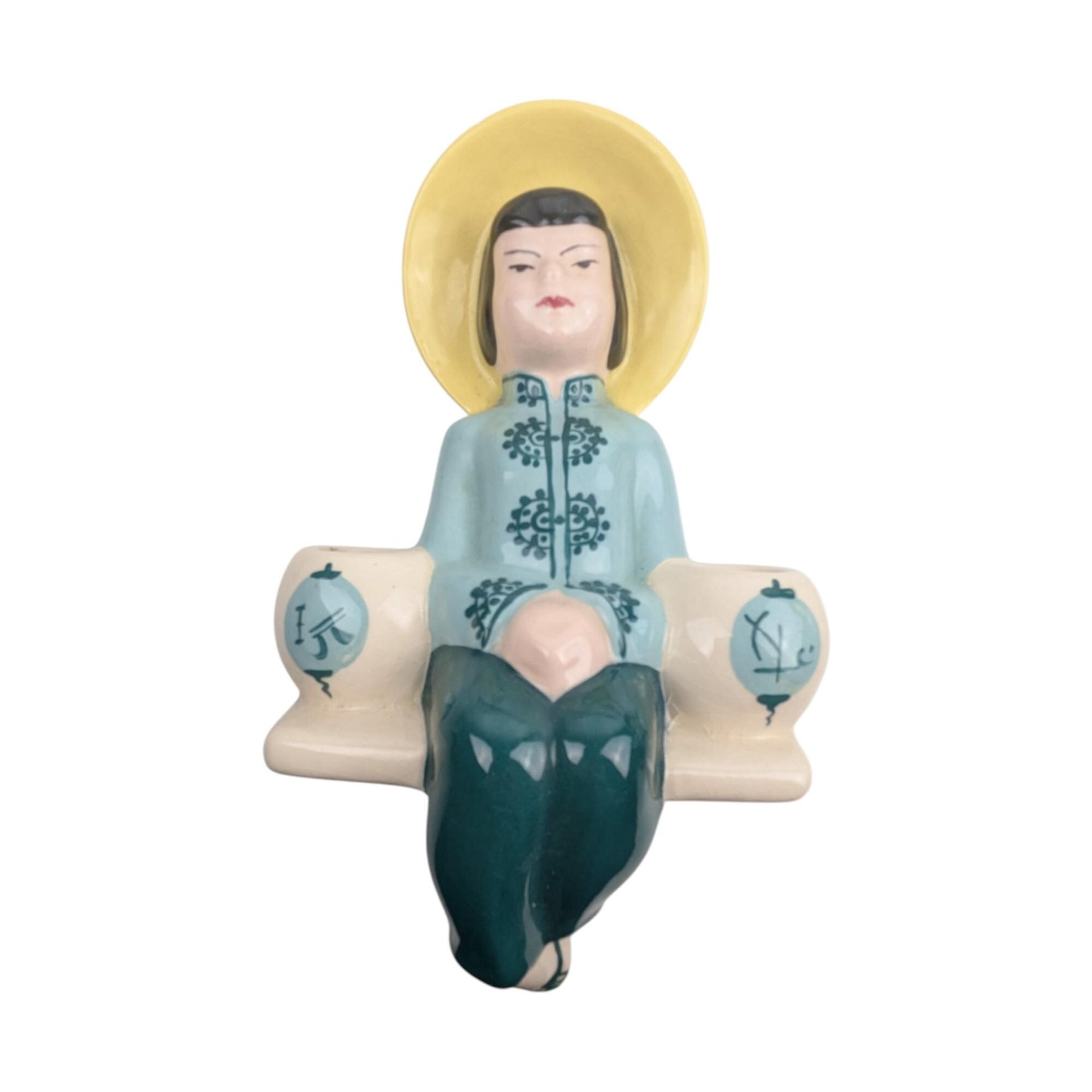 Vintage Weil Ware Wall Sconces, Ceramic Asian Figurine Candle Holders: Mid-Century Chinoiserie Wall Decor