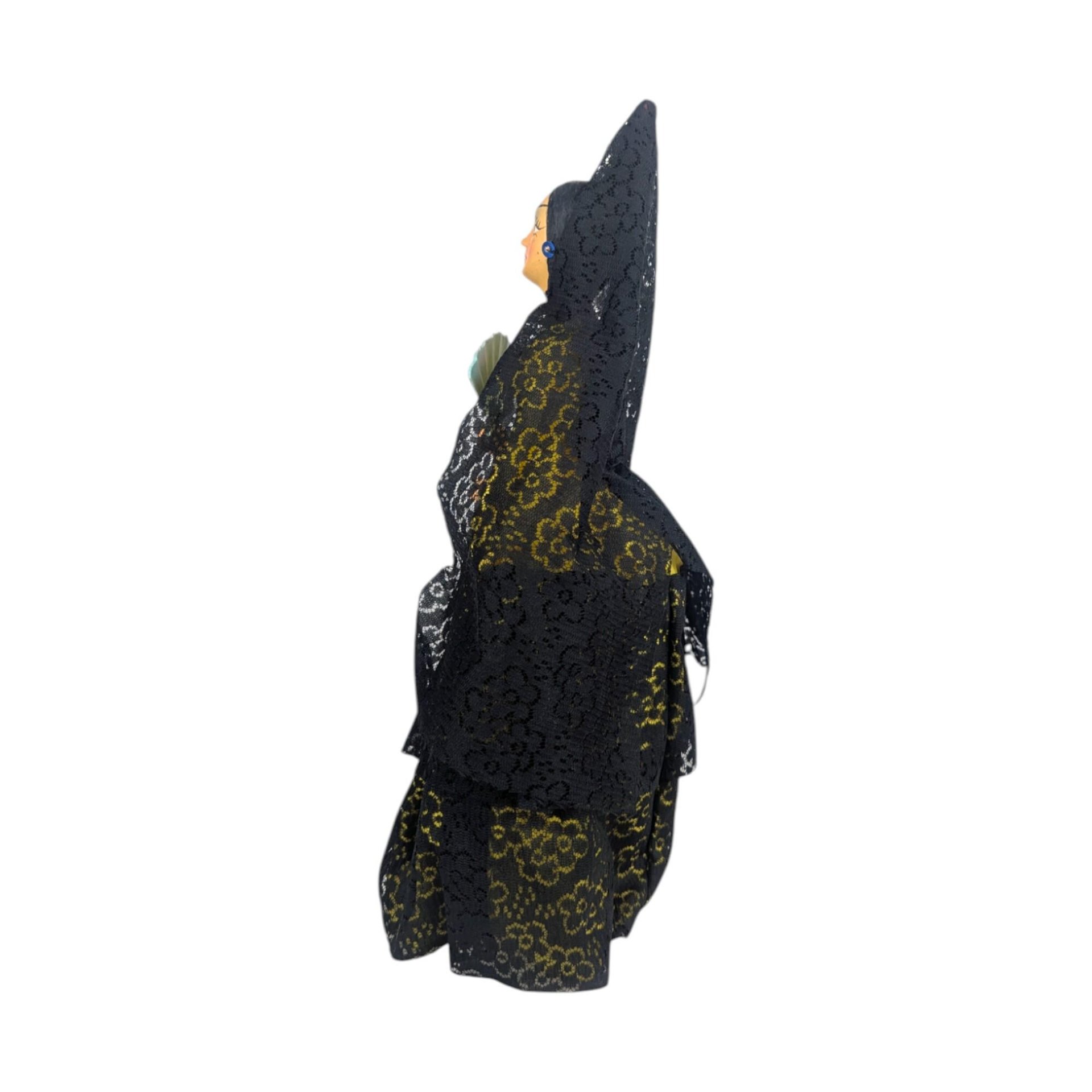 Tall Spanish Lady Figurine: Vintage Doll with Black Lace Mantilla Veil