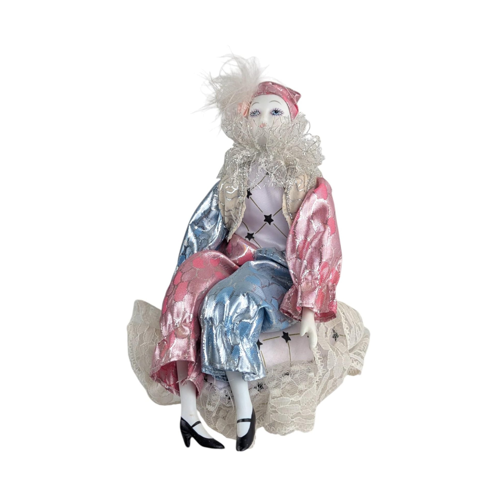 Vintage 1980s Pierrot Doll: Porcelain Musical Box in Pink and Blue