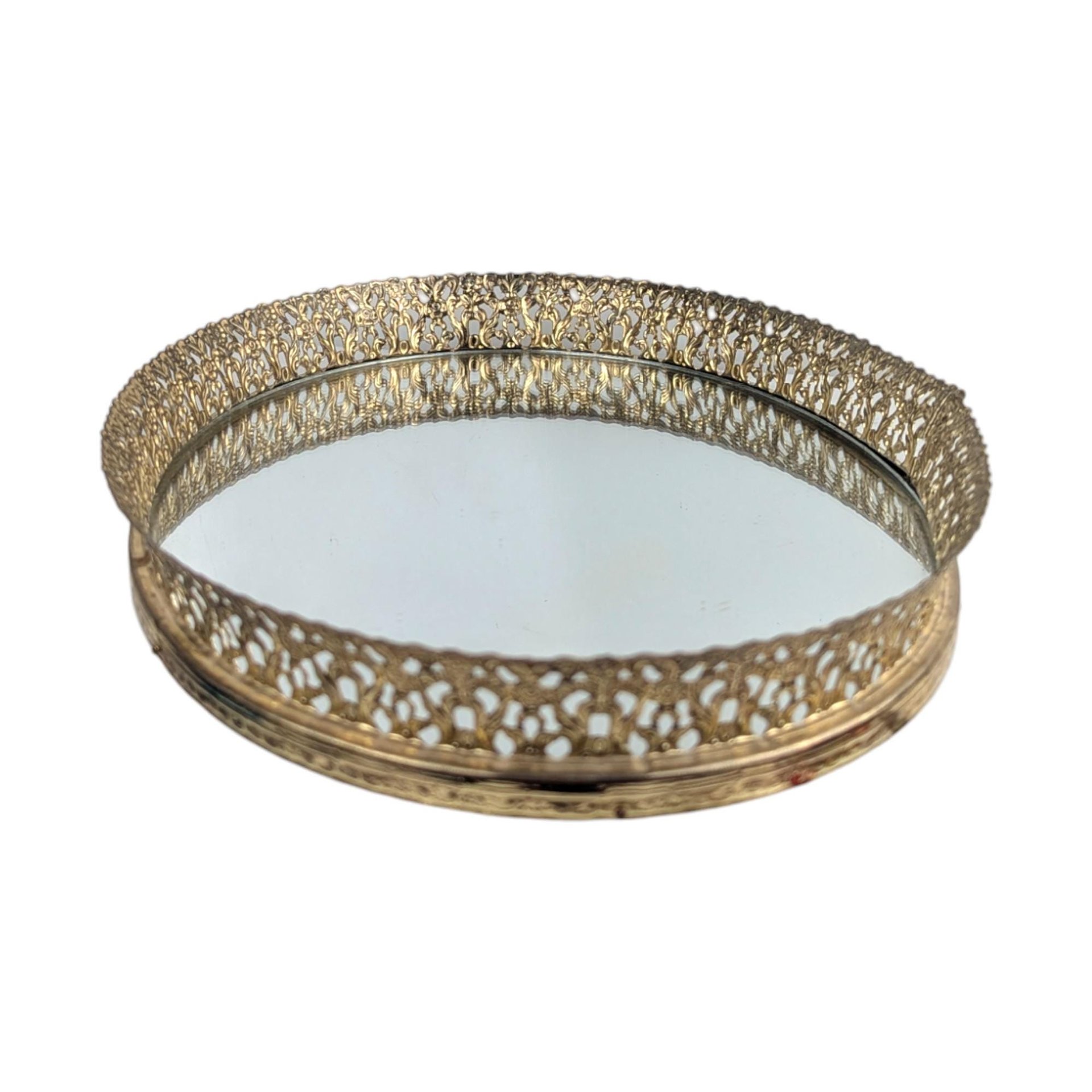 Vintage Mid Century Mirrored Tray: Ornate Gold Filigree Perfume Vanity