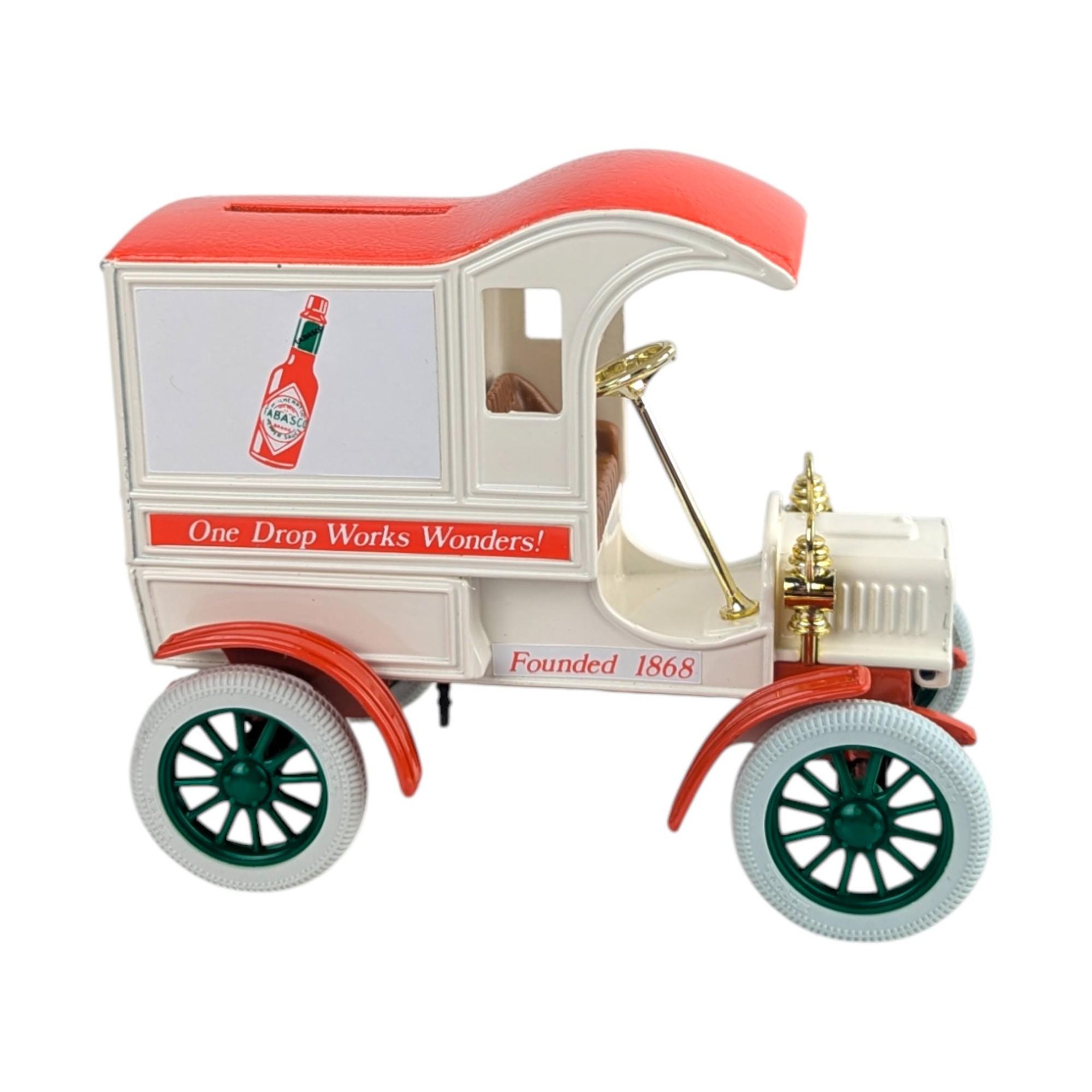 Vintage 1988 ERTL Tabasco Truck: Diecast 1905 Delivery Car Coin Bank