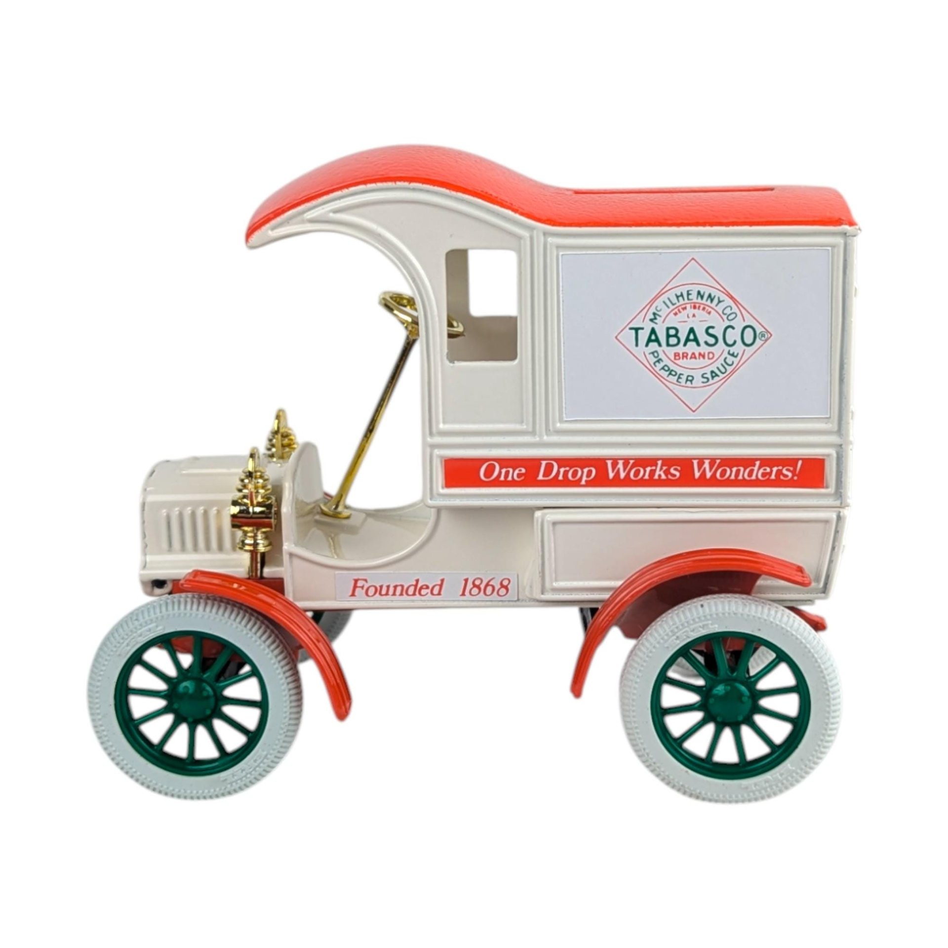 Vintage 1988 ERTL Tabasco Truck: Diecast 1905 Delivery Car Coin Bank