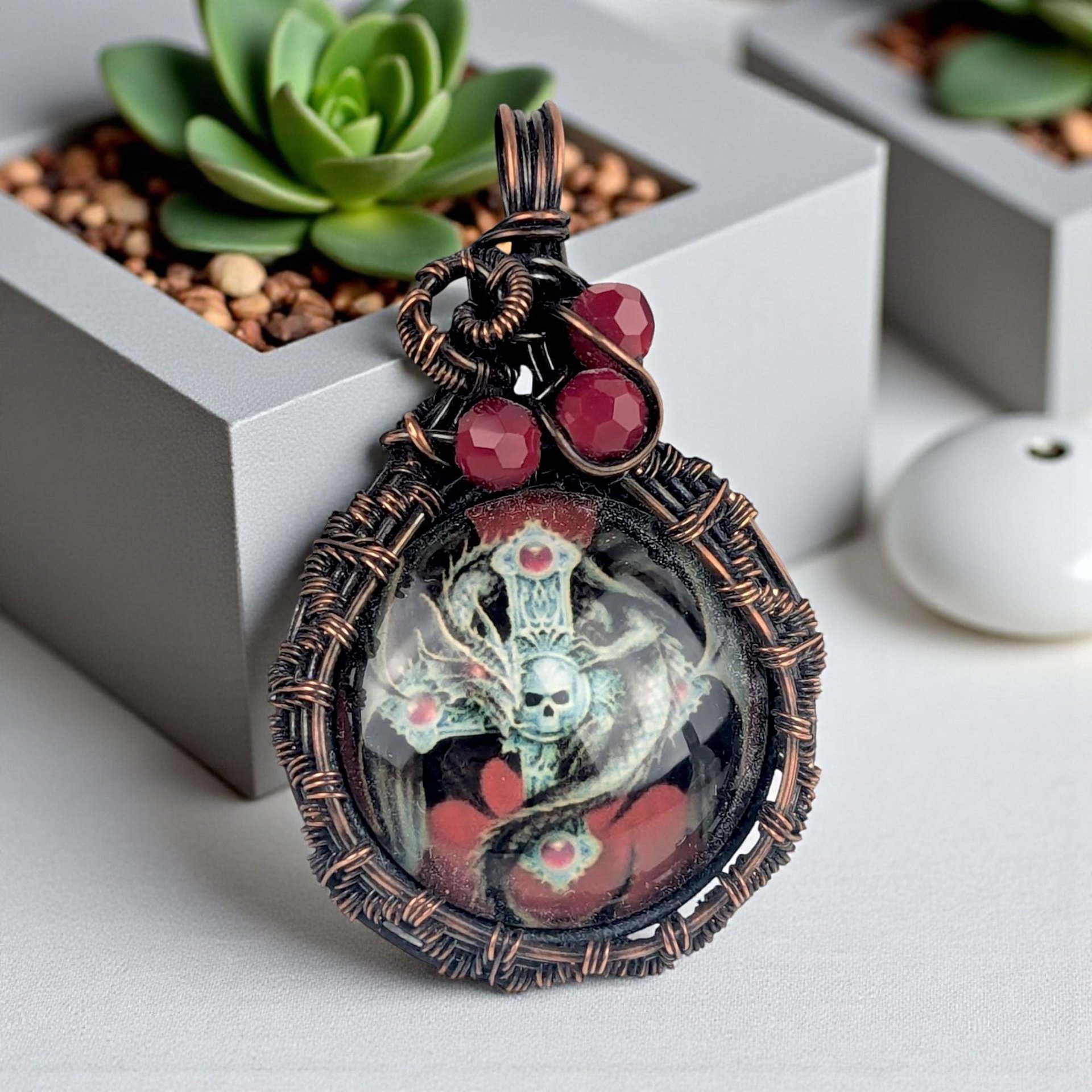 Gothic Skull Cross Pendant: Handmade Copper Wire Wrapped Jewelry