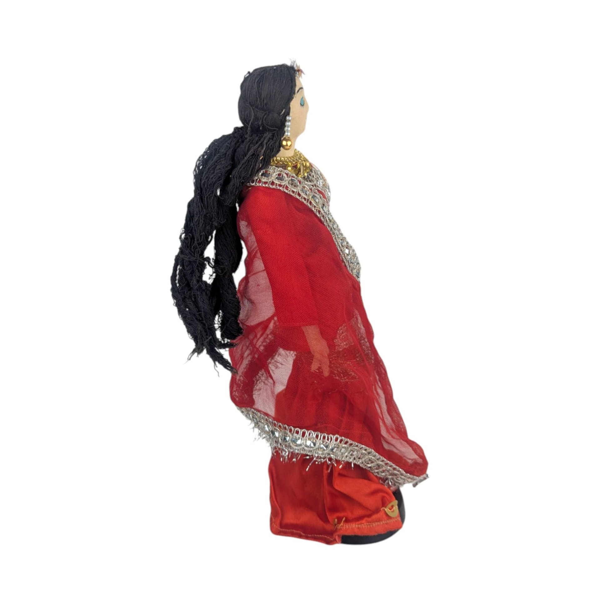 Indian Woman Dancer Figurine: Vintage Red Saree Textile Doll, 11"