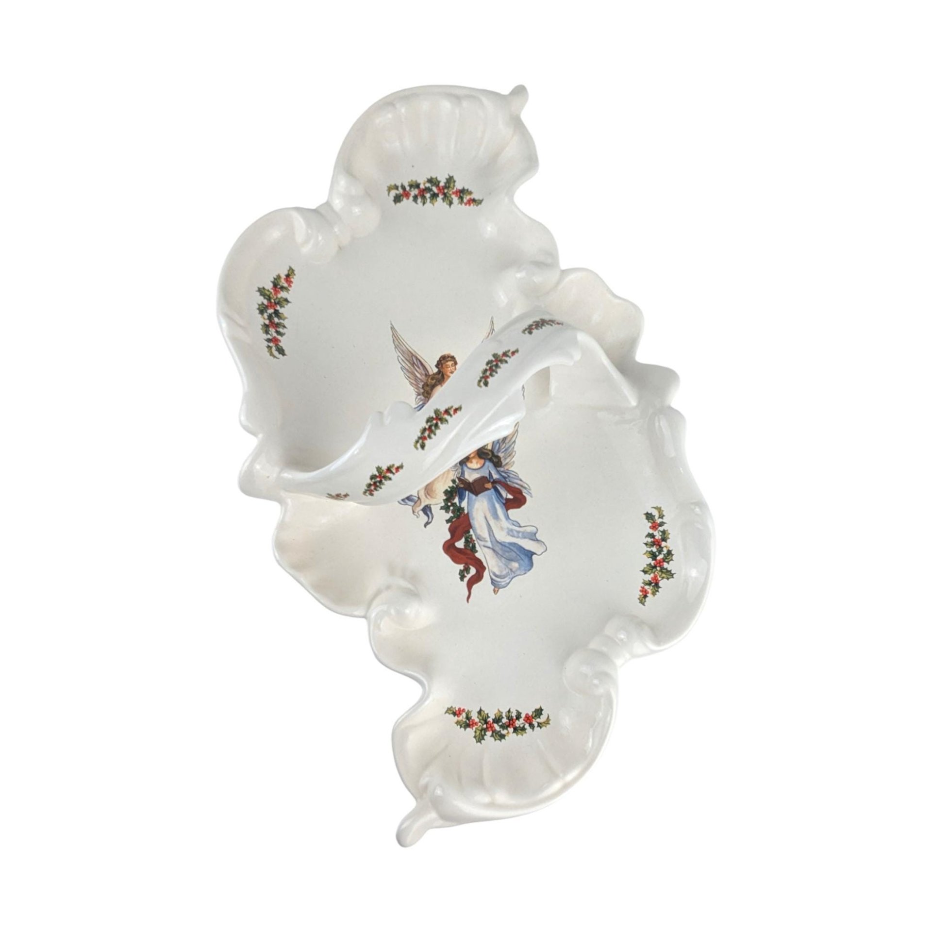 Vintage Handled Christmas Tray: Ceramic Angel Cookie Platter Tidbit Dish