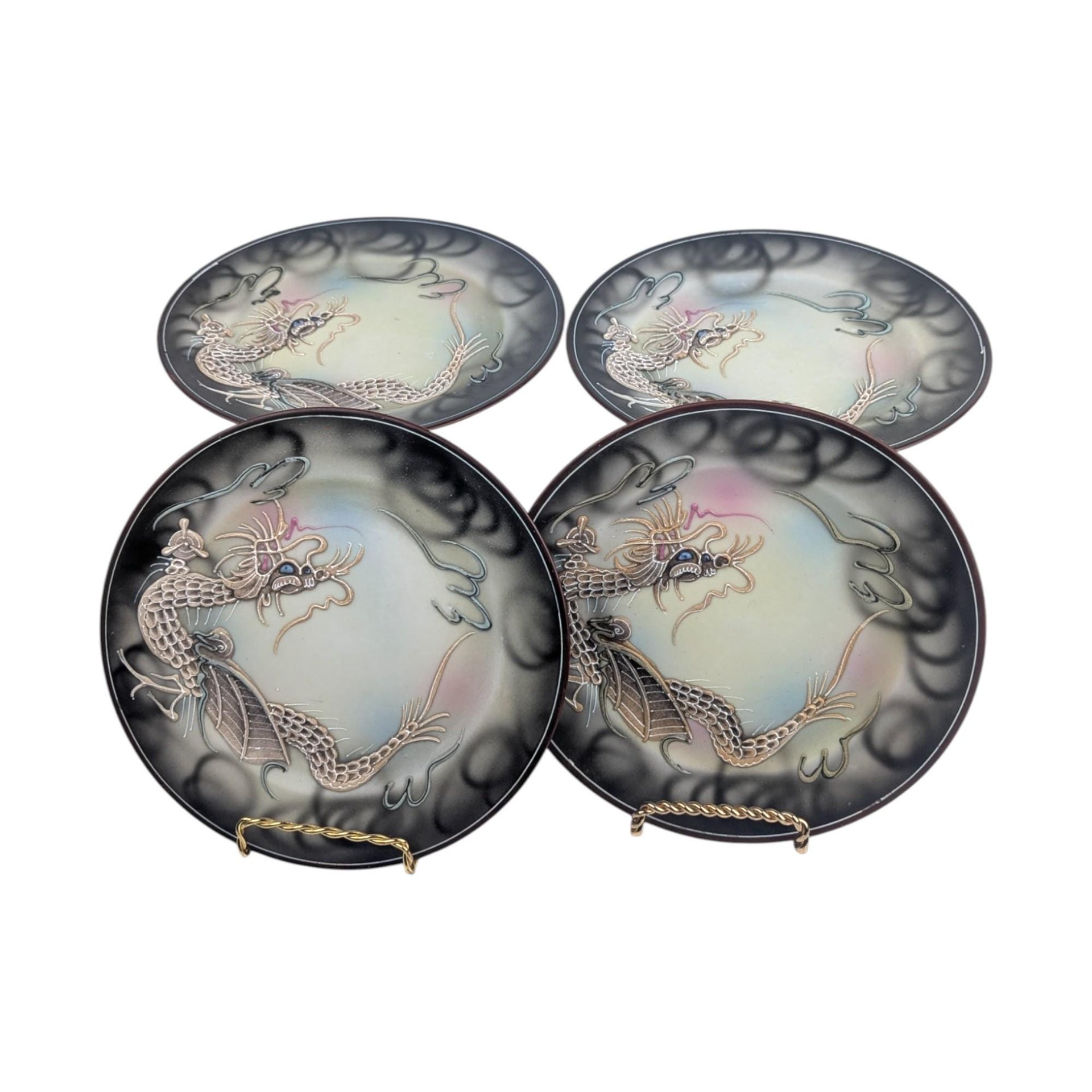 Vintage Japanese Dragon Plates, Set of 4, Moriage Lusterware Ceramic Salad Dessert Plates, Made in Japan