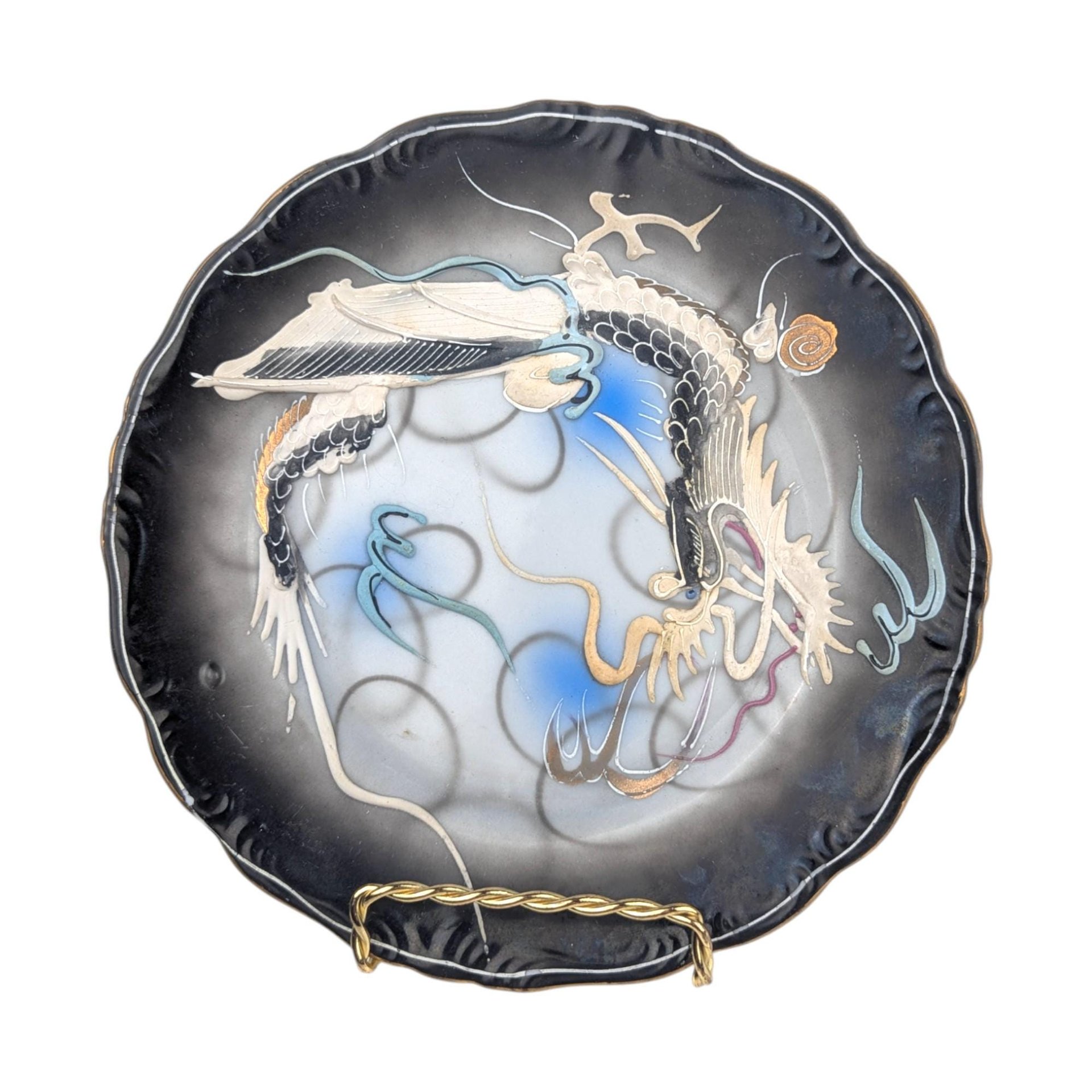 Vintage Dragon Plates Pair, Set of 2 Japanese Moriage Lusterware, Black Ceramic Salad Plates, Dragonware Decor
