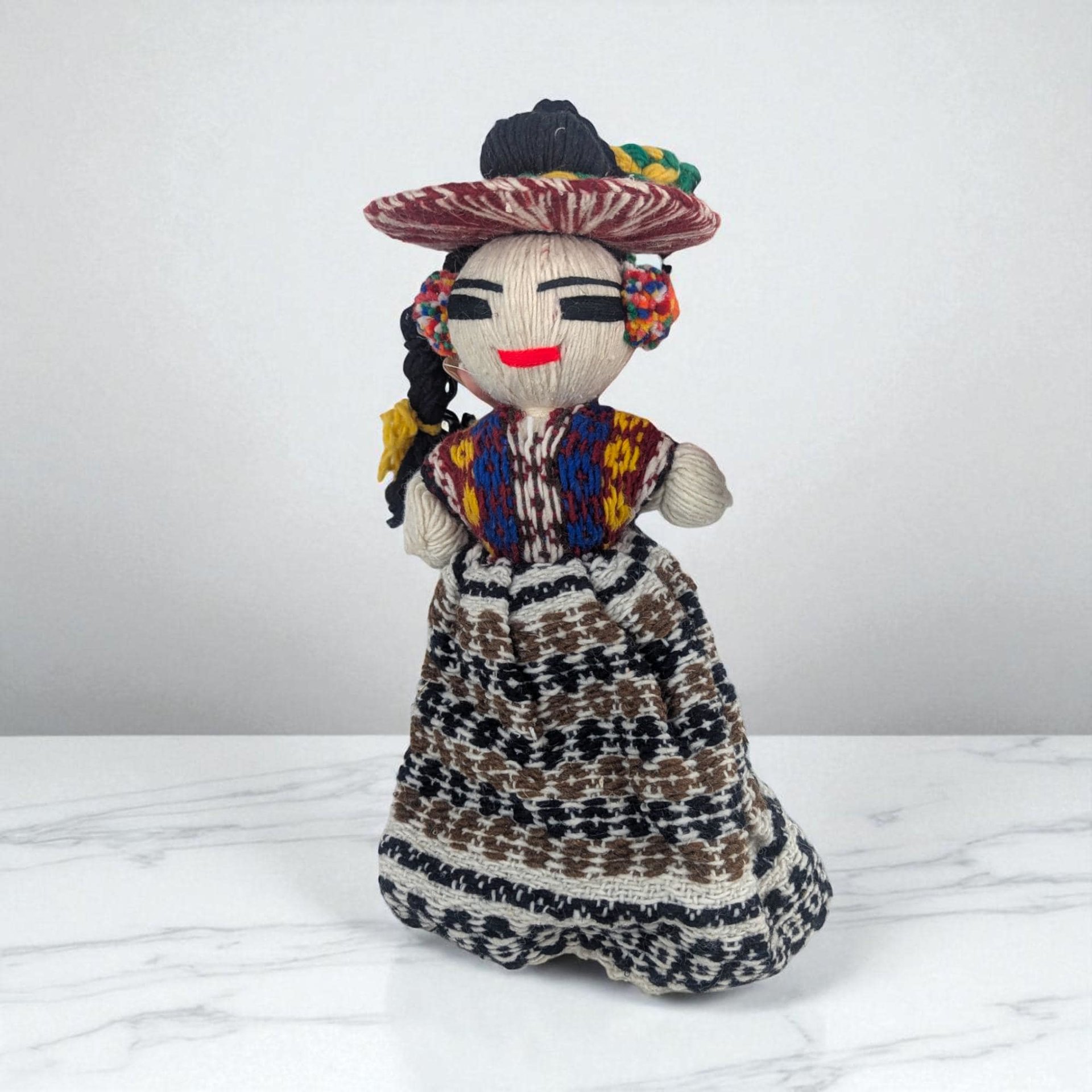 Vintage Guatemalan Folk Art Doll: Handmade Woven Yarn Figure in Traditional Dress