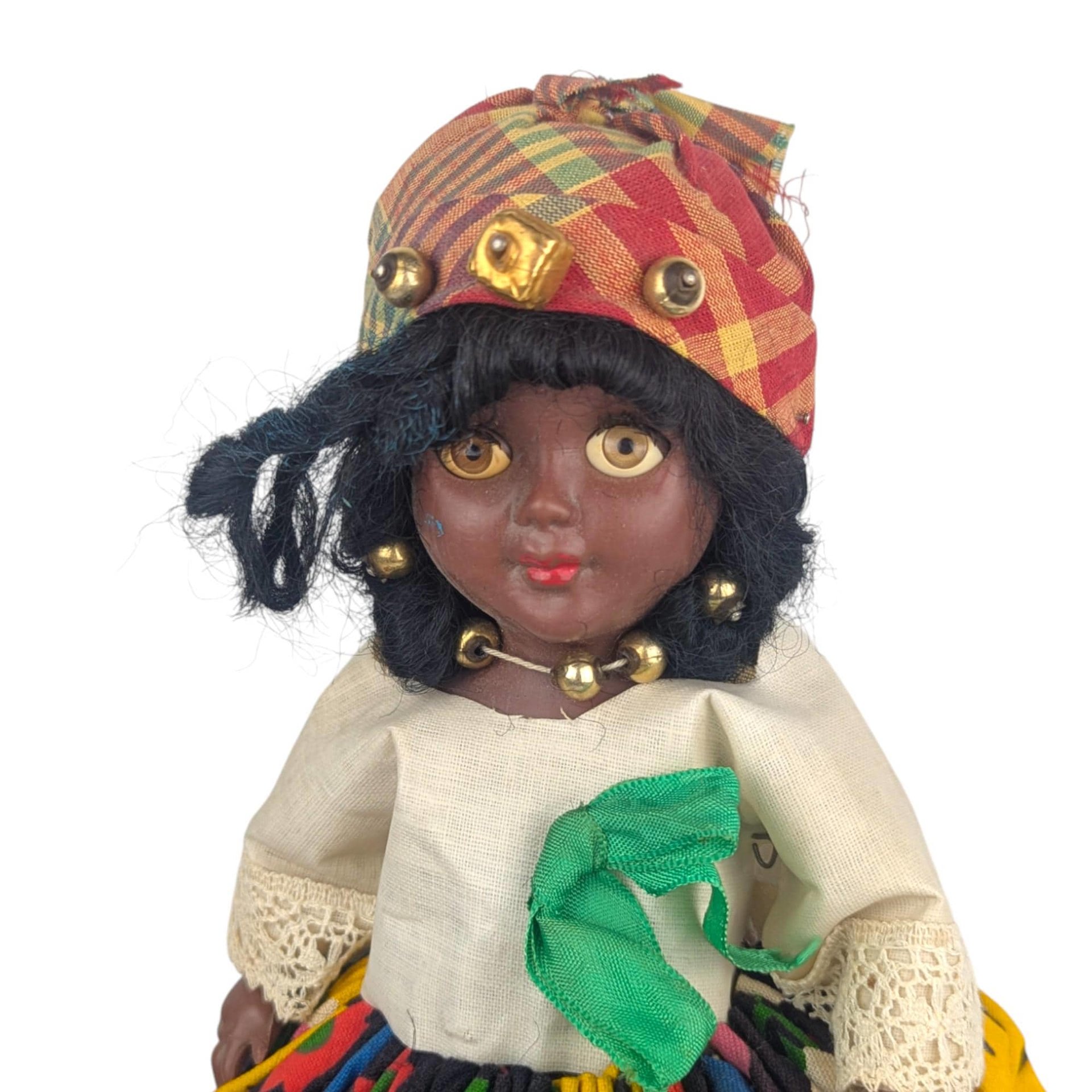 Vintage Caribbean Folk Art Doll: Creole Woman in Traditional Floral Dress
