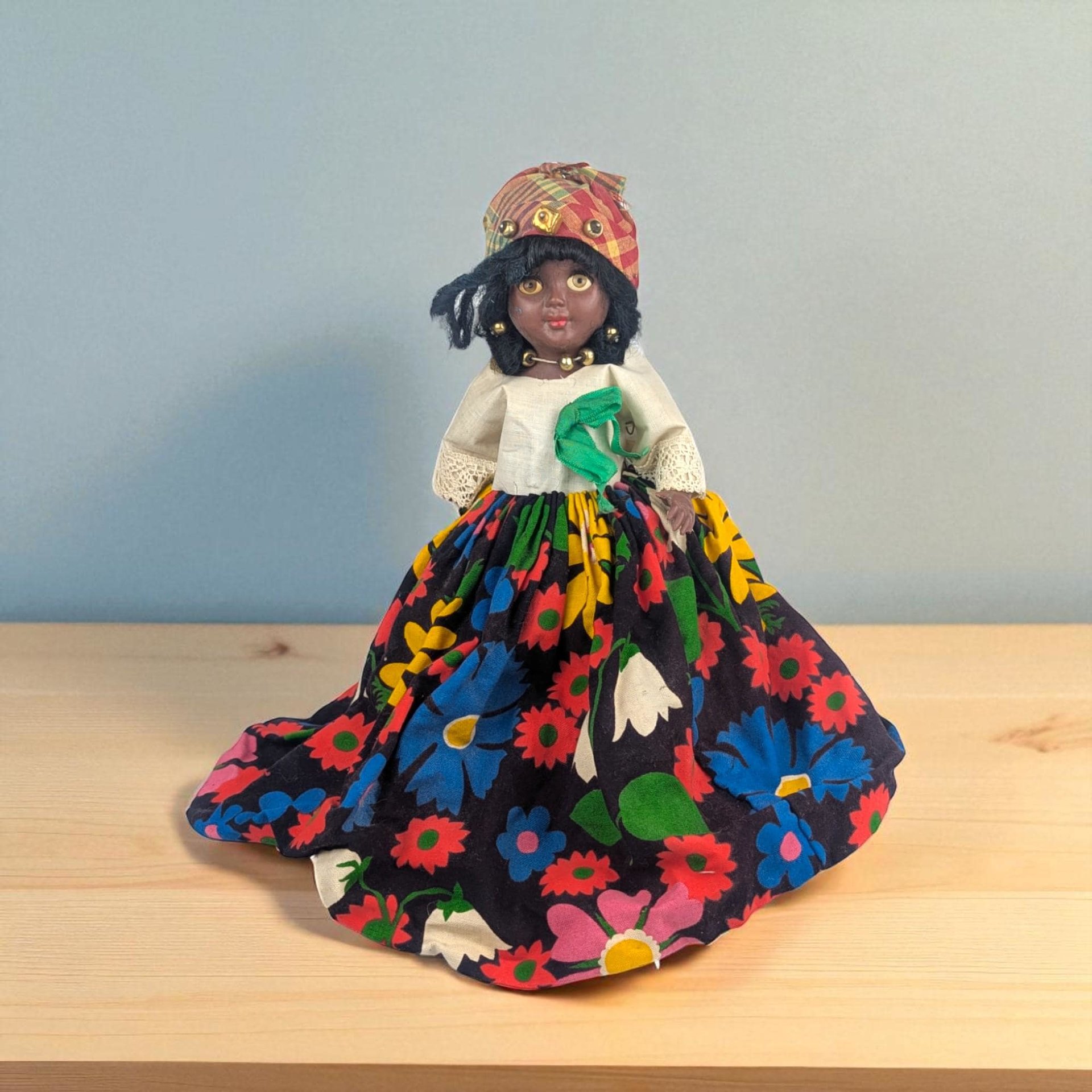 Vintage Caribbean Folk Art Doll: Creole Woman in Traditional Floral Dress