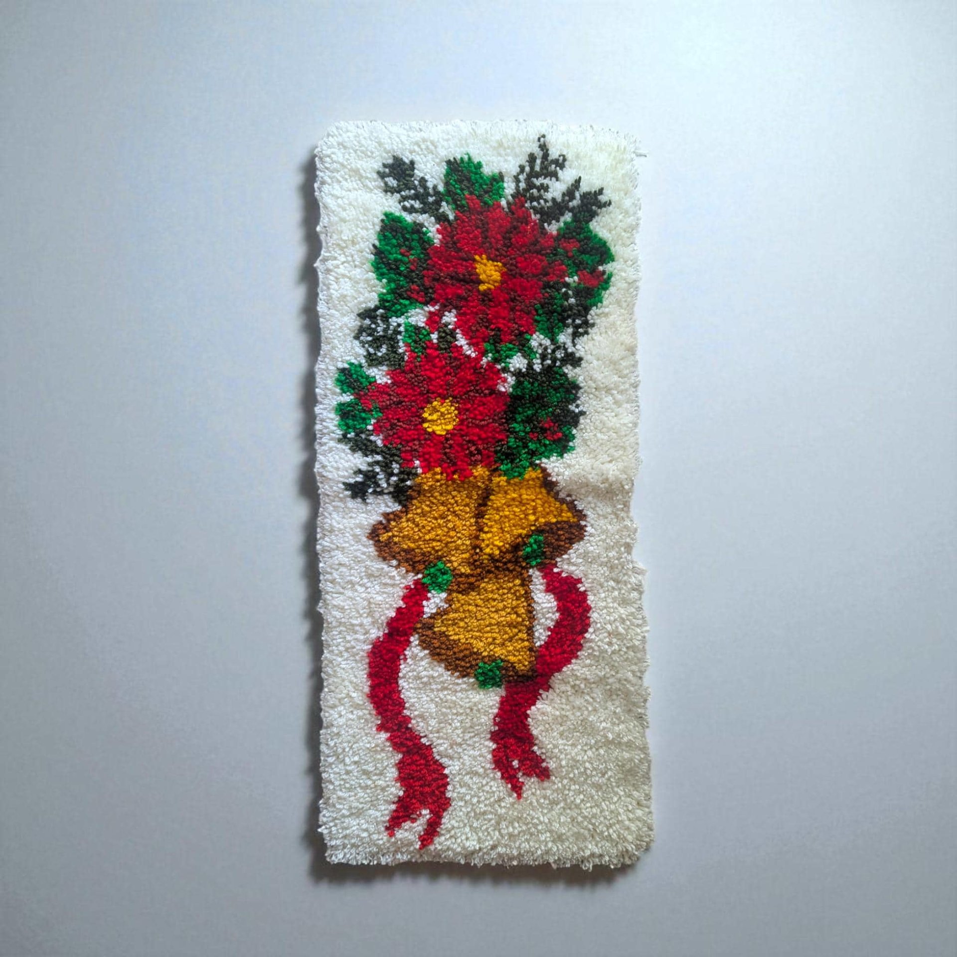 Vintage Christmas Latch Hook Rug: Handmade Poinsettia and Bells Wall Hanging