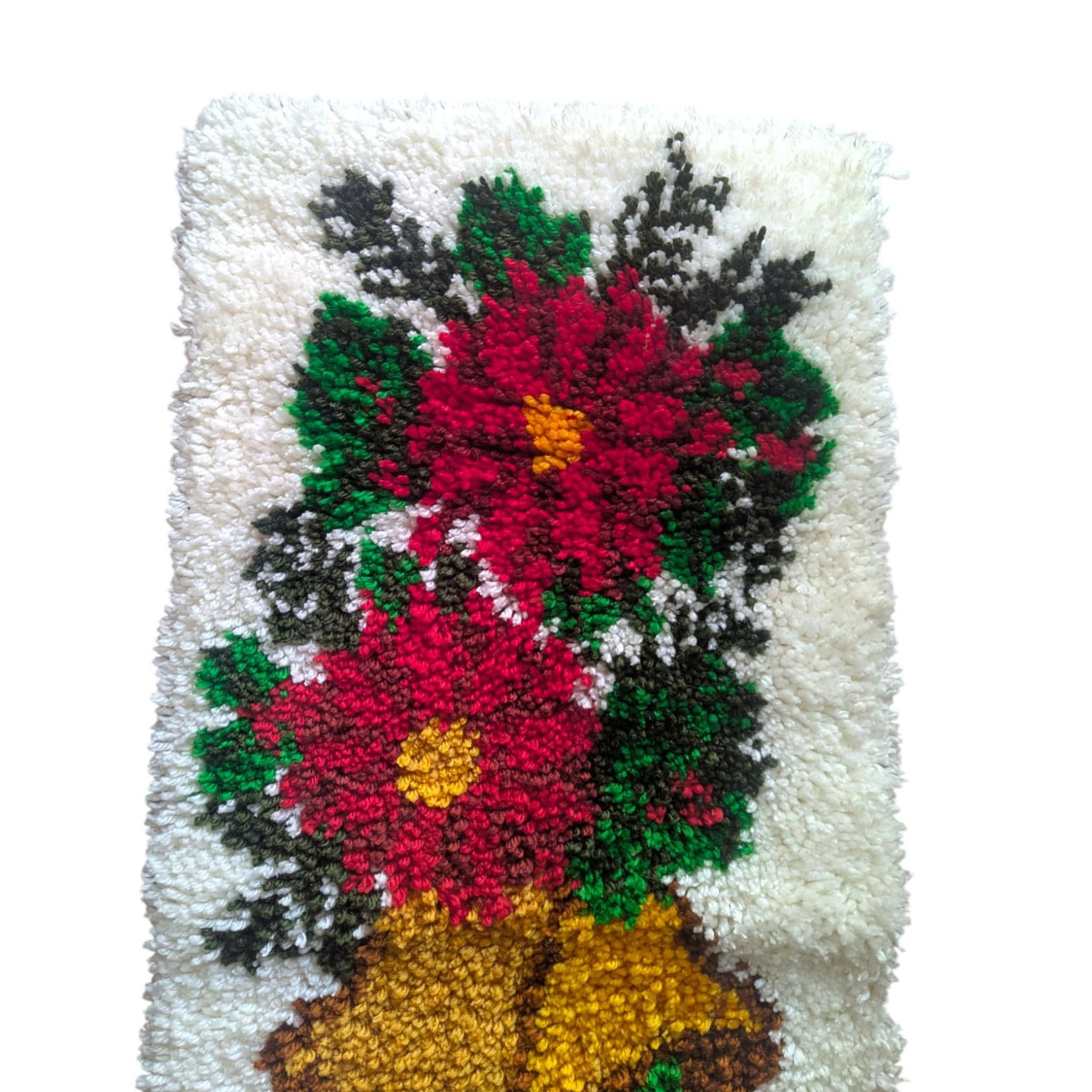 Vintage Christmas Latch Hook Rug: Handmade Poinsettia and Bells Wall Hanging