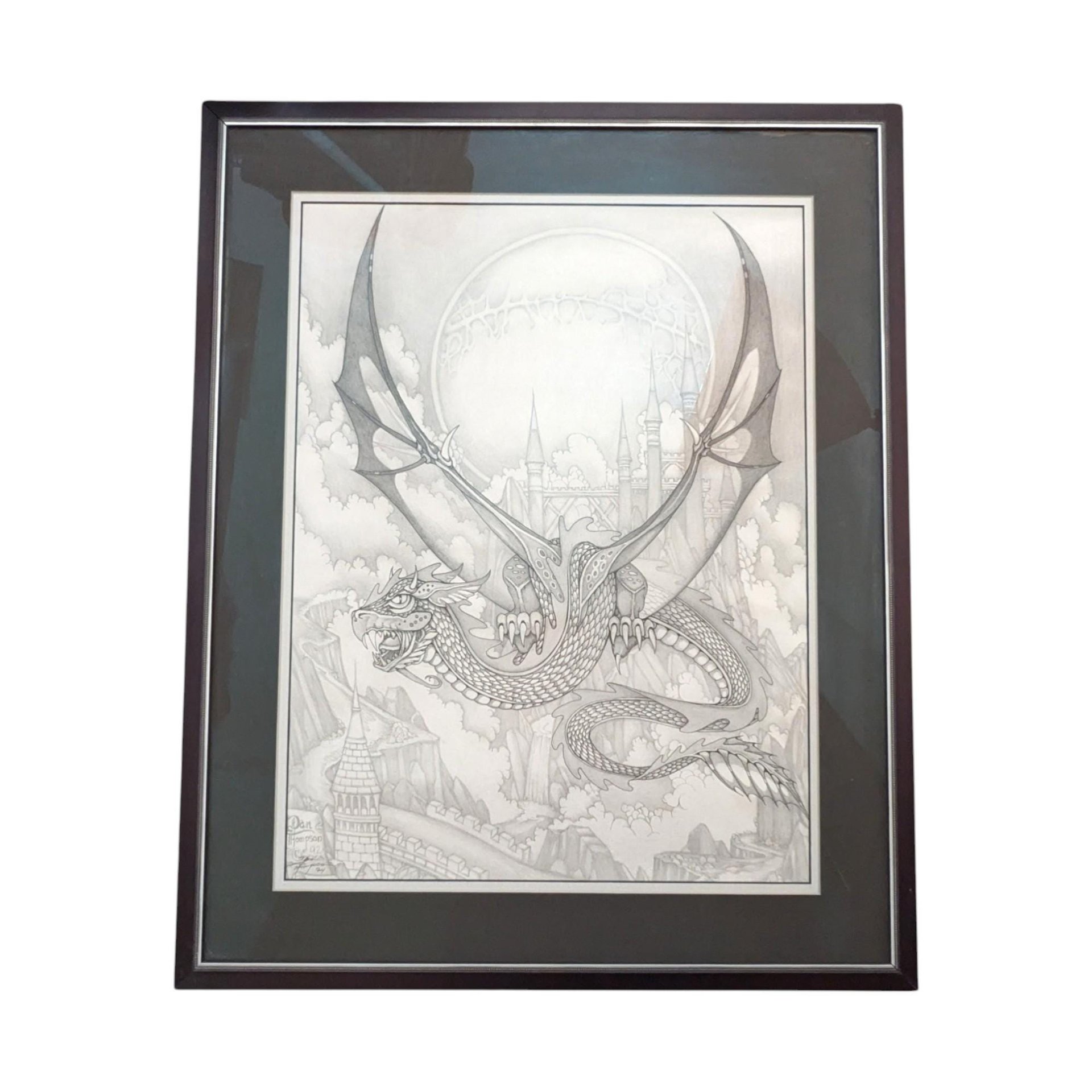 Vintage Dragon Art Print: Signed Dan Thompson Fantasy Castle Scene, Framed