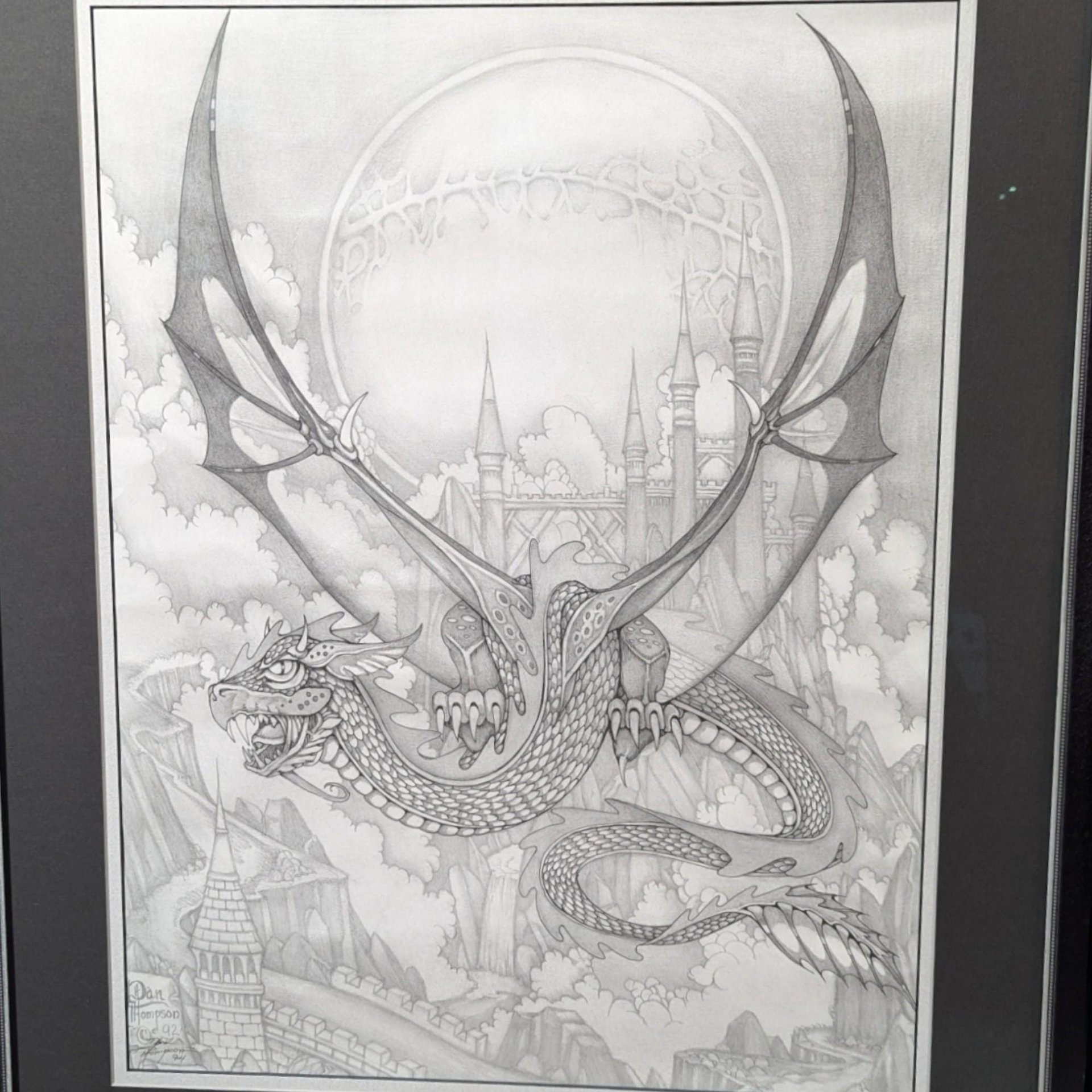 Vintage Dragon Art Print: Signed Dan Thompson Fantasy Castle Scene, Framed