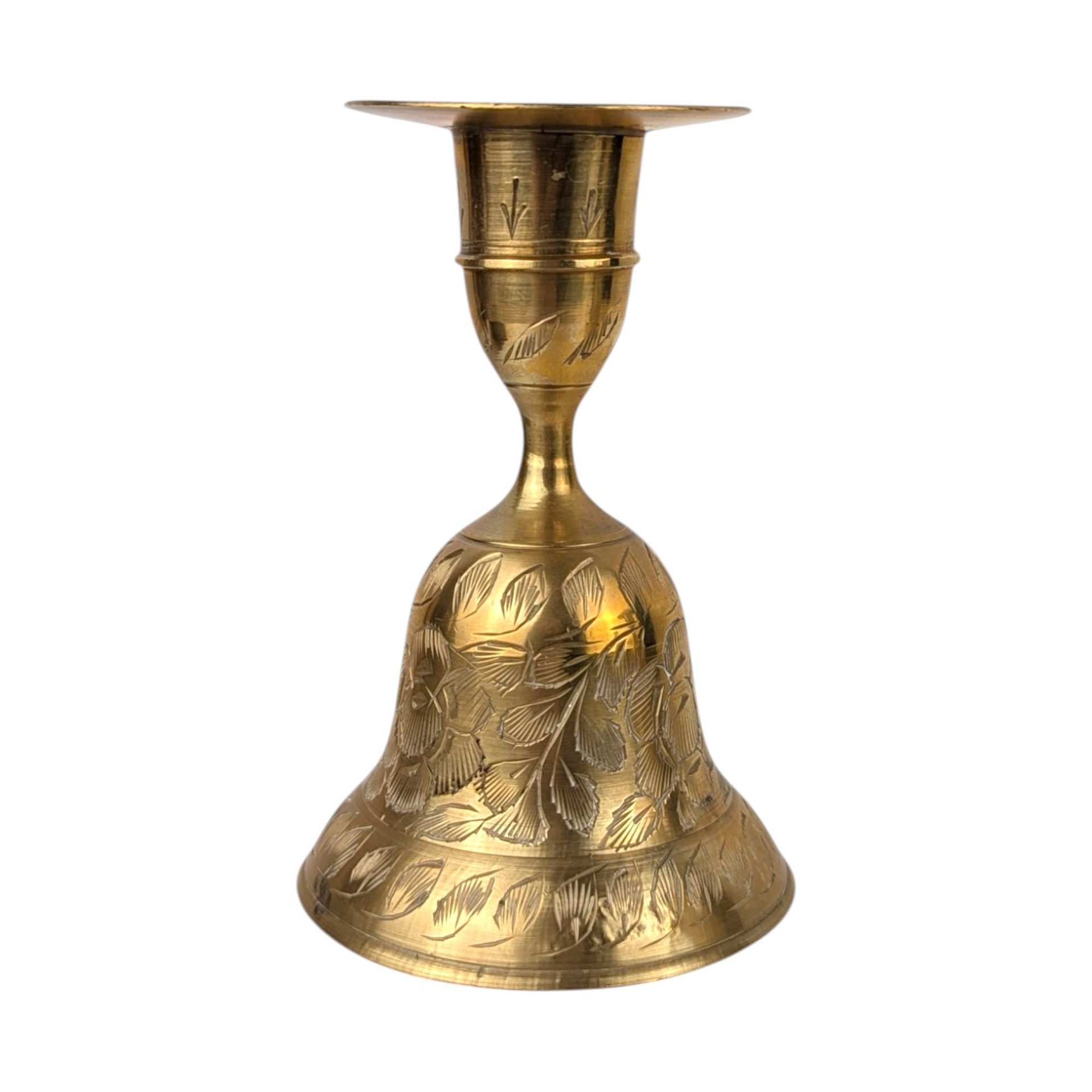 Vintage Brass Bell Candle Holders: Etched Floral Design, 4" Tall