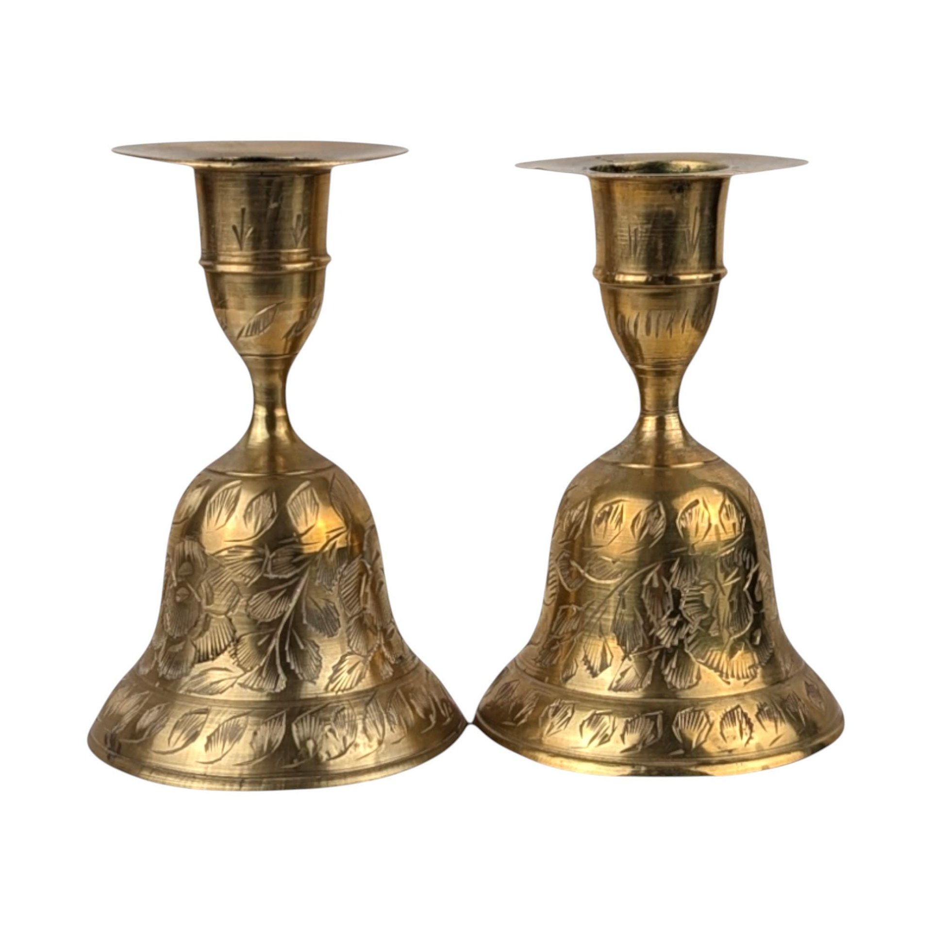 Vintage Brass Bell Candle Holders: Etched Floral Design, 4" Tall