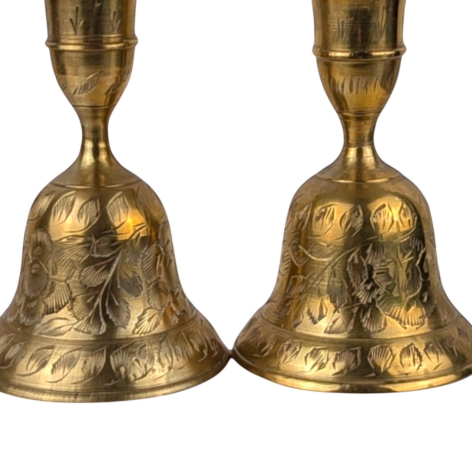Vintage Brass Bell Candle Holders: Etched Floral Design, 4" Tall