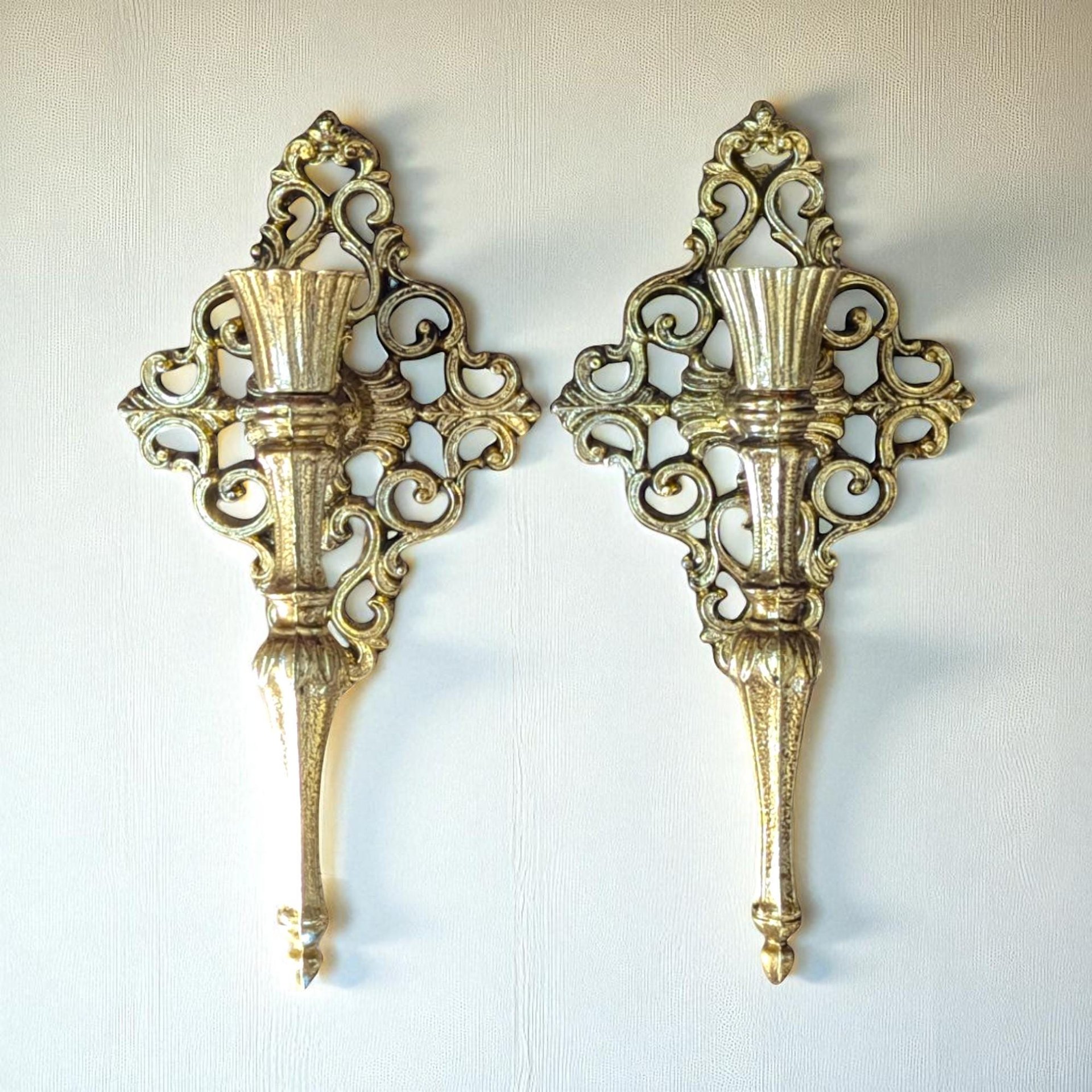 Vintage Brass Wall Sconces: Ornate Italian Candle Holders with Red Votives