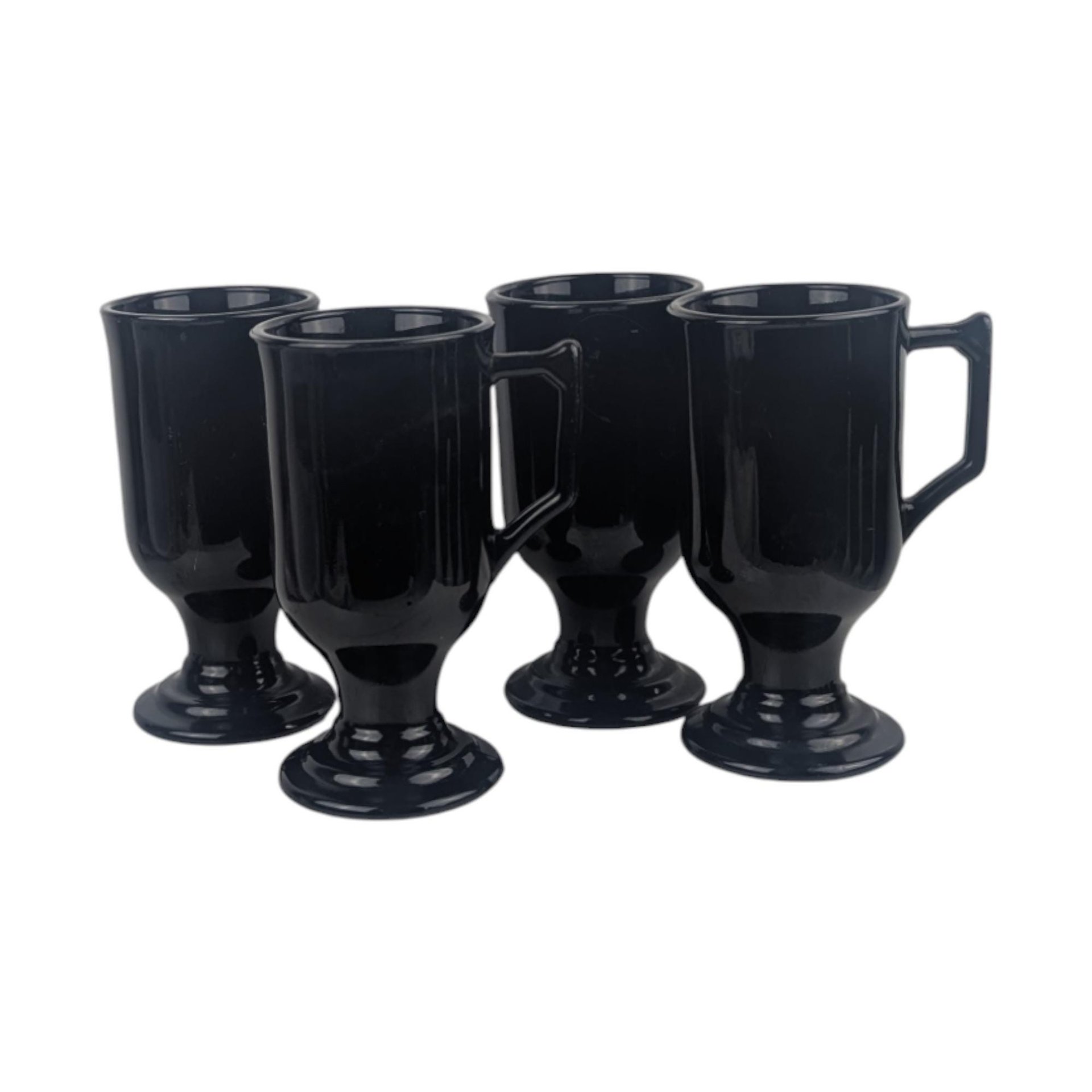 Vintage Black Glass Irish Coffee Mugs: Set of Four Footed Mugs