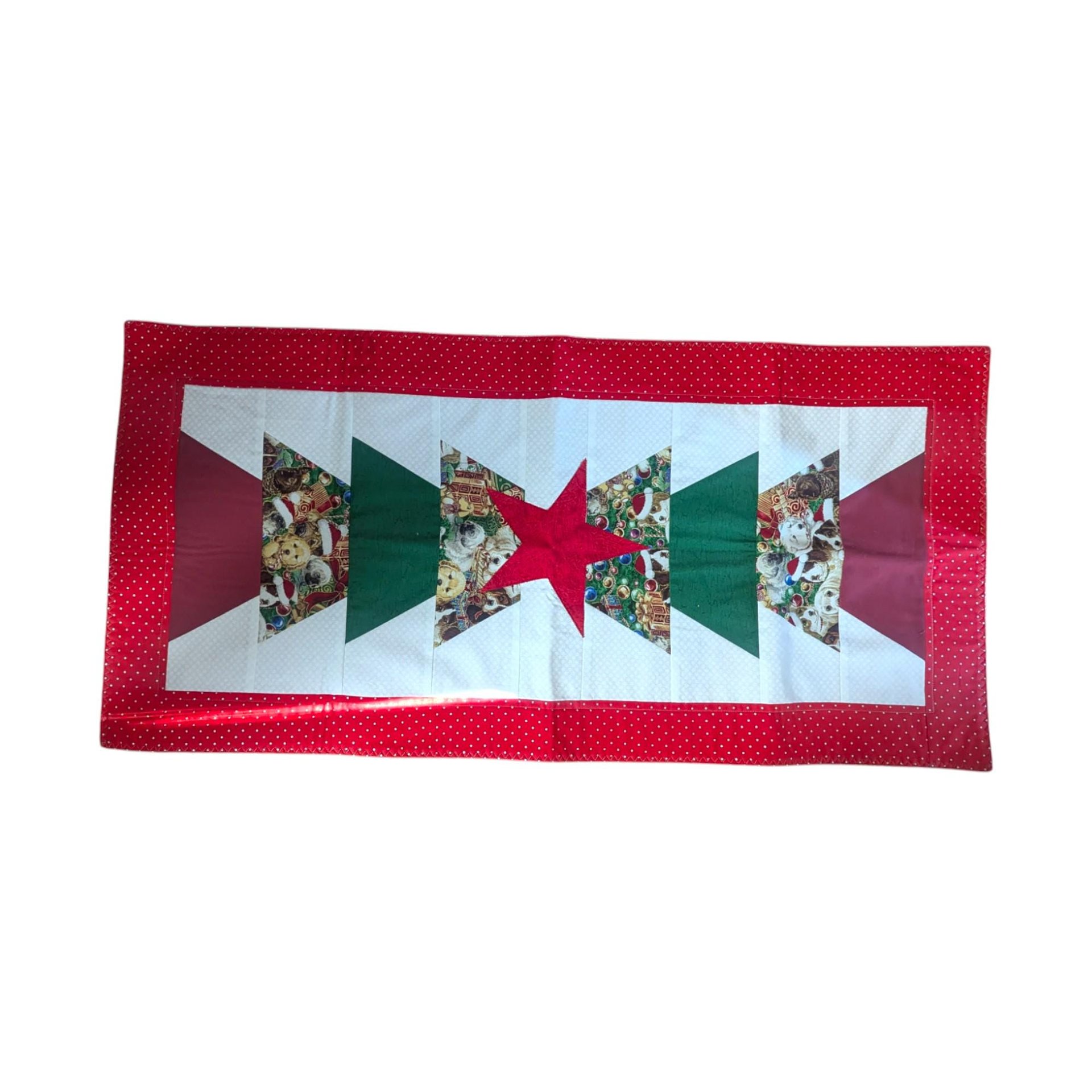 Vintage Handmade Quilted Table Runner: Christmas Dog Print with Red Star