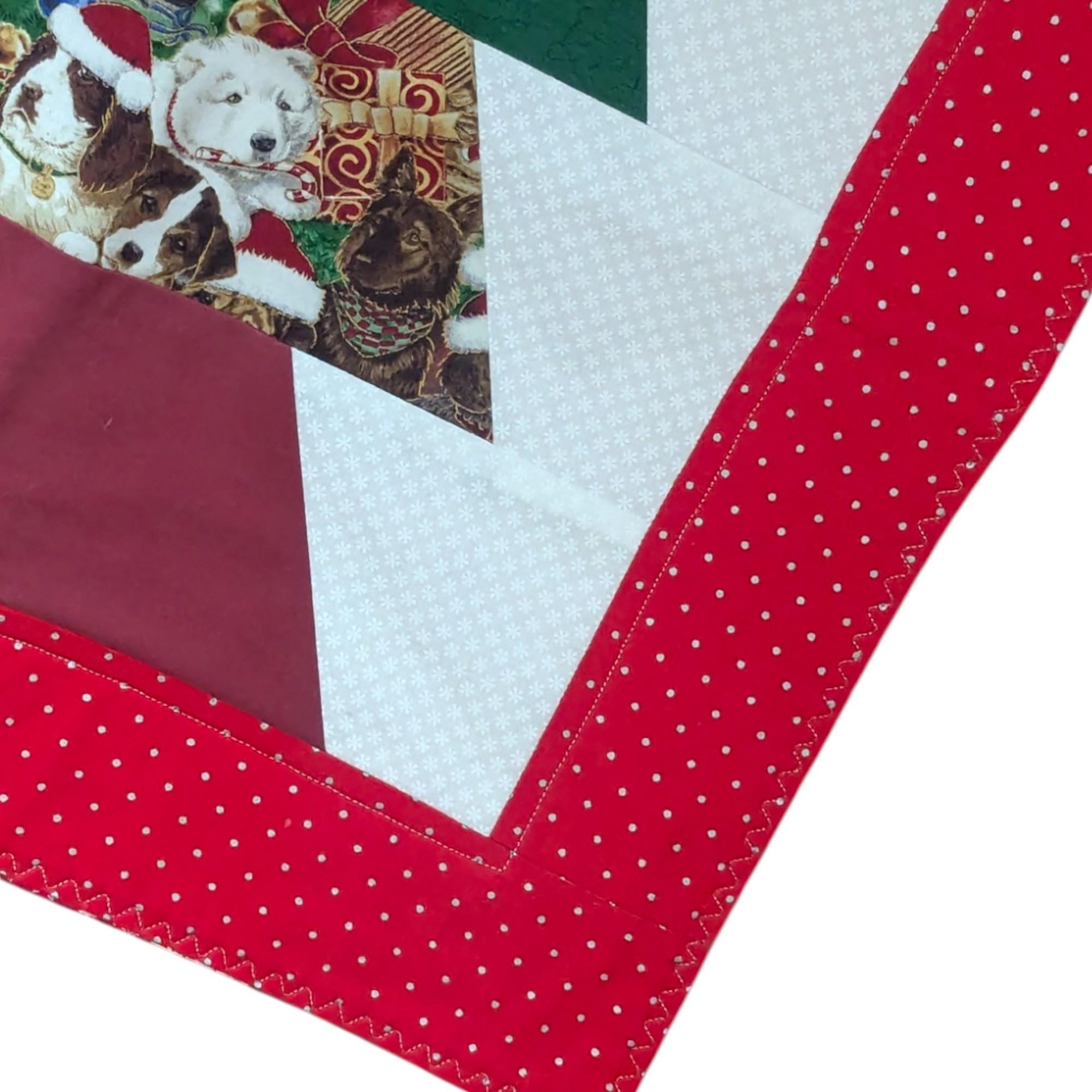Vintage Handmade Quilted Table Runner: Christmas Dog Print with Red Star
