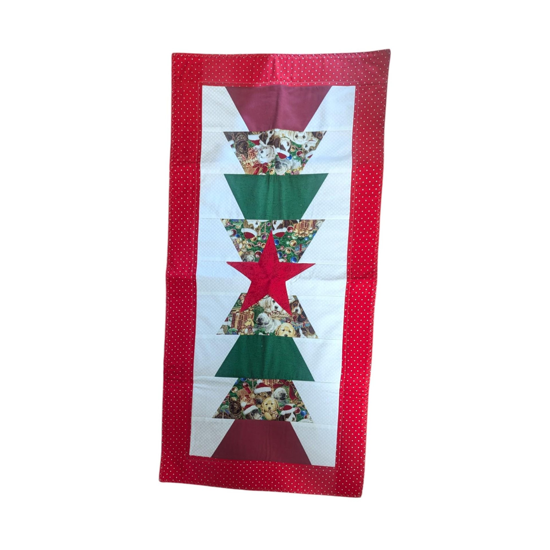 Vintage Handmade Quilted Table Runner: Christmas Dog Print with Red Star