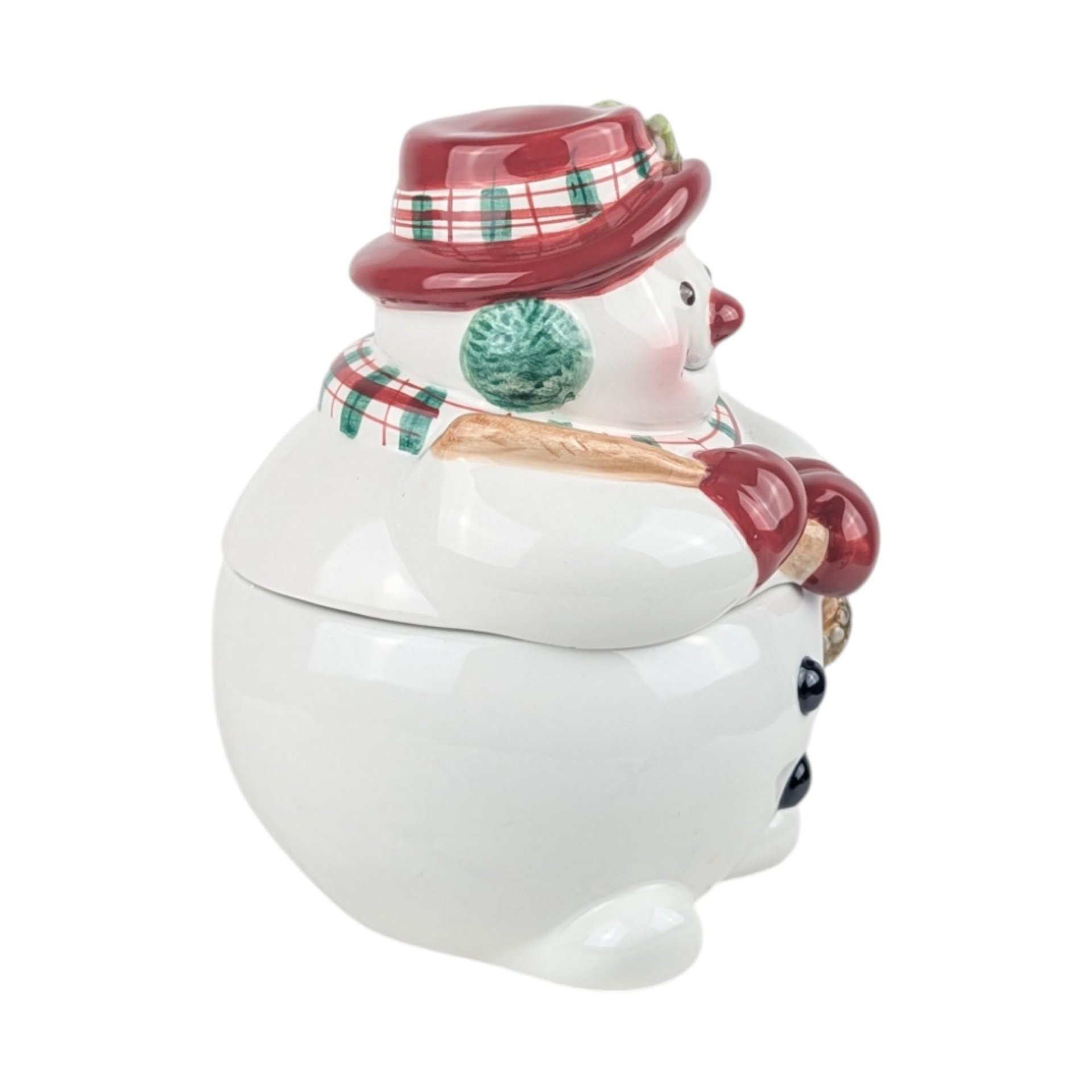Vintage Fitz and Floyd Plaid Collection Snowman Jar: Lidded Ceramic Candy Dish Holiday Decor