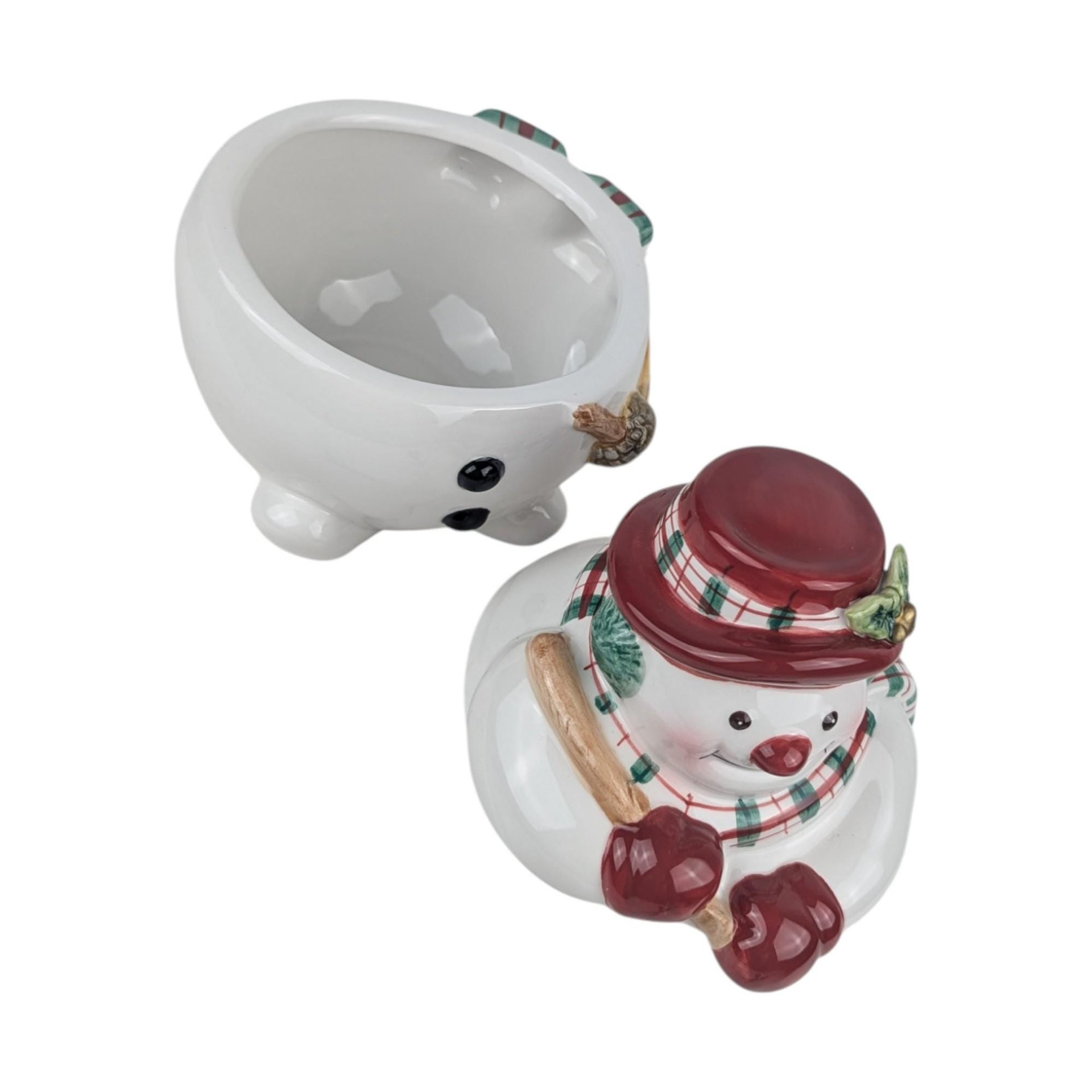 Vintage Fitz and Floyd Plaid Collection Snowman Jar: Lidded Ceramic Candy Dish Holiday Decor