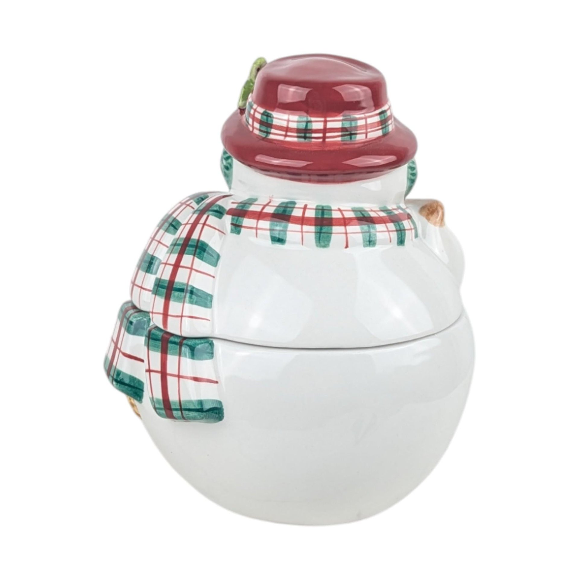 Vintage Fitz and Floyd Plaid Collection Snowman Jar: Lidded Ceramic Candy Dish Holiday Decor
