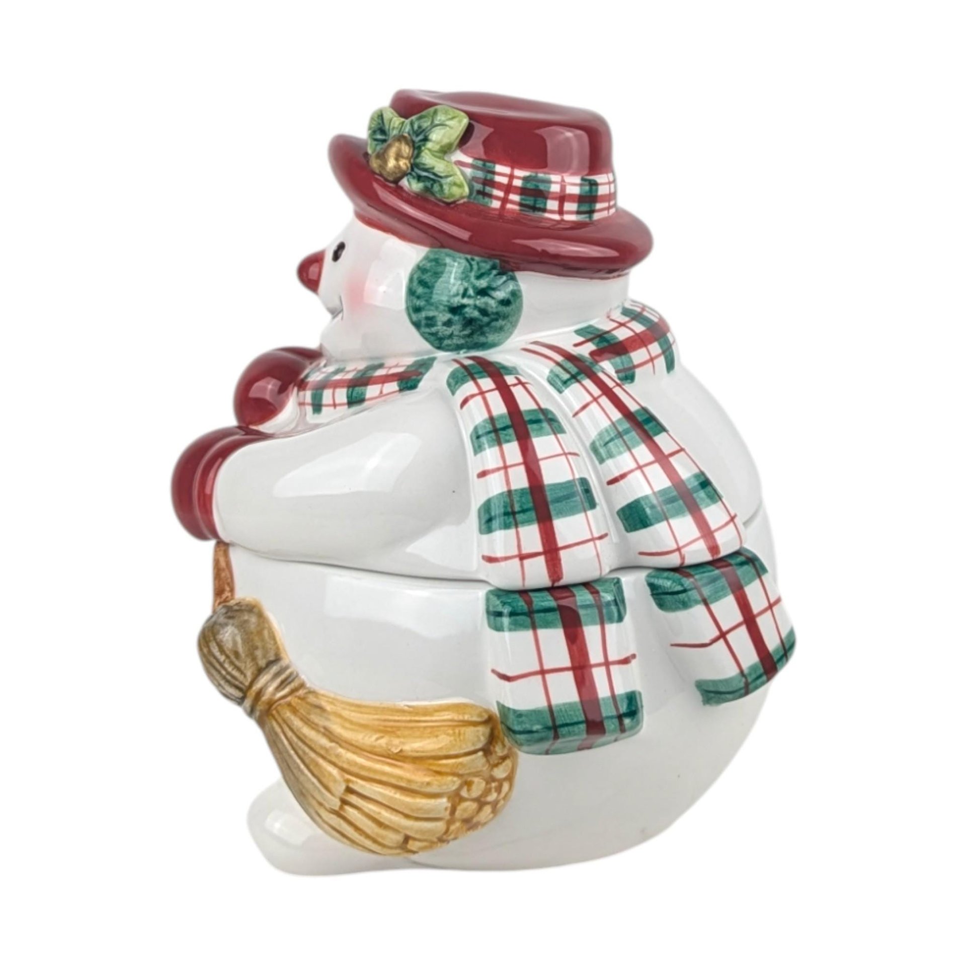 Vintage Fitz and Floyd Plaid Collection Snowman Jar: Lidded Ceramic Candy Dish Holiday Decor