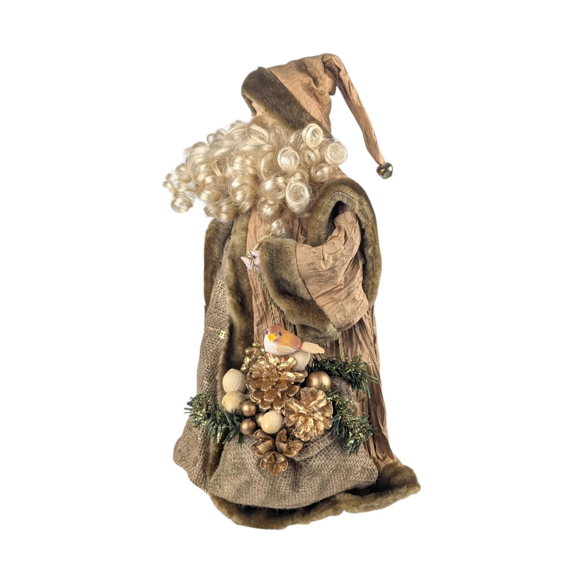 Vintage 15" Woodland Santa Tree Topper: Tan Father Christmas with Burlap Sack