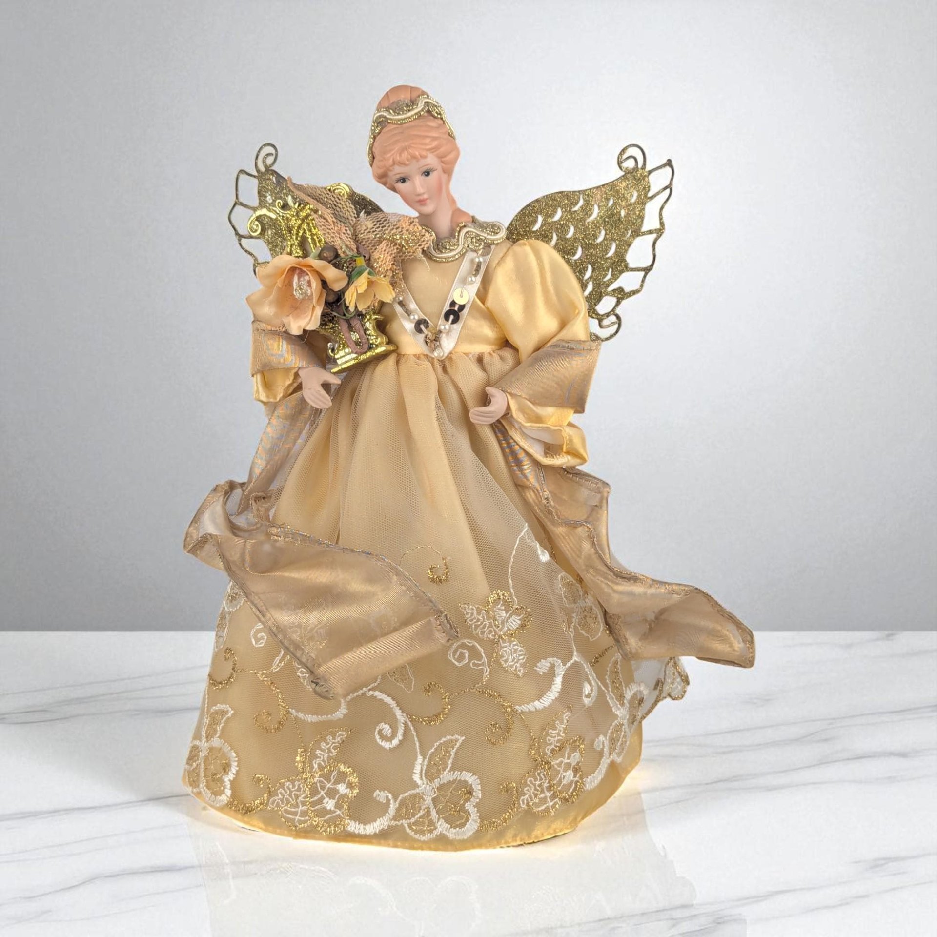 Vintage Gold Angel Tree Topper: Christmas Figurine with Porcelain Head and Glitter Wings