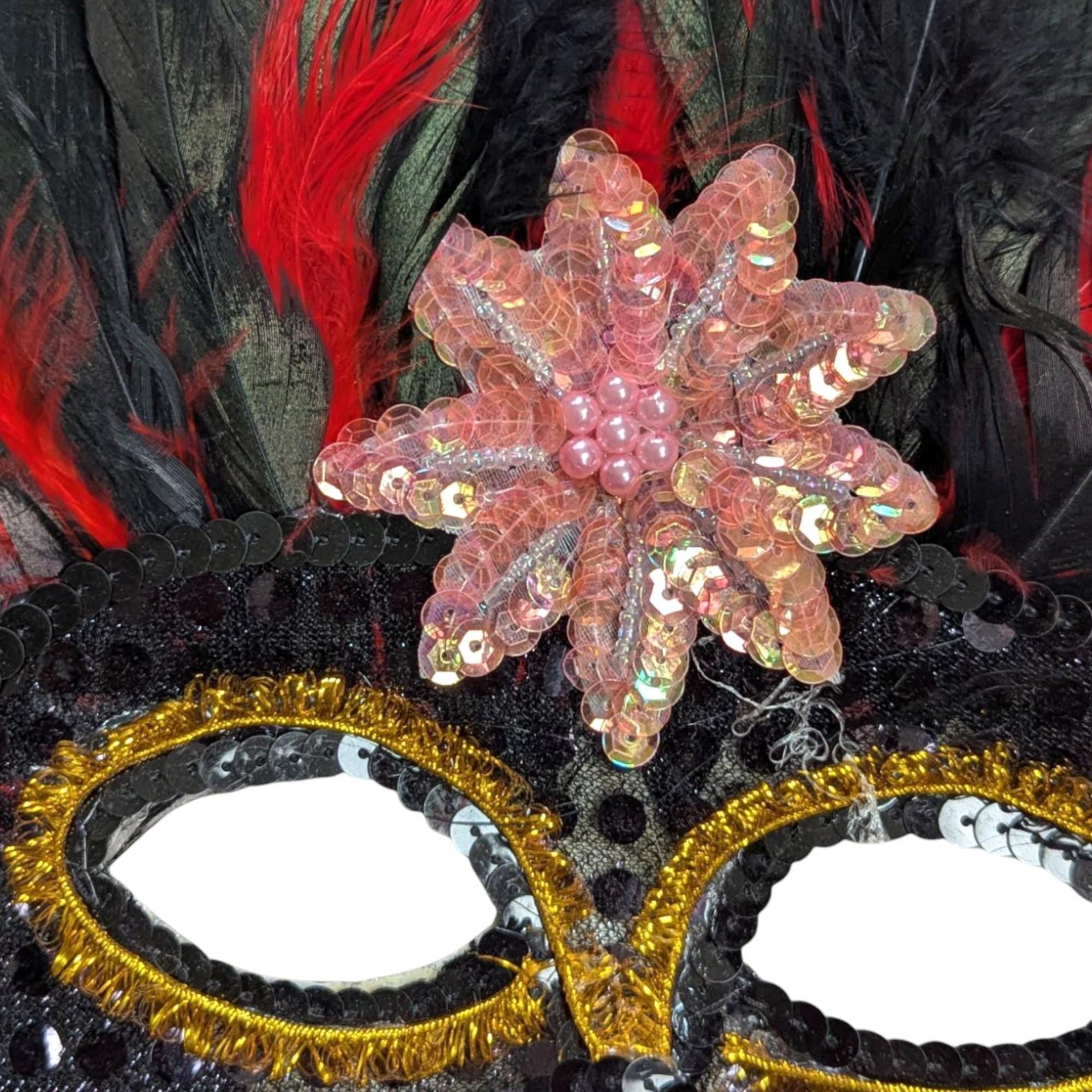 Vintage Feather Mardi Gras Mask: Black & Red Masquerade Wall Decor