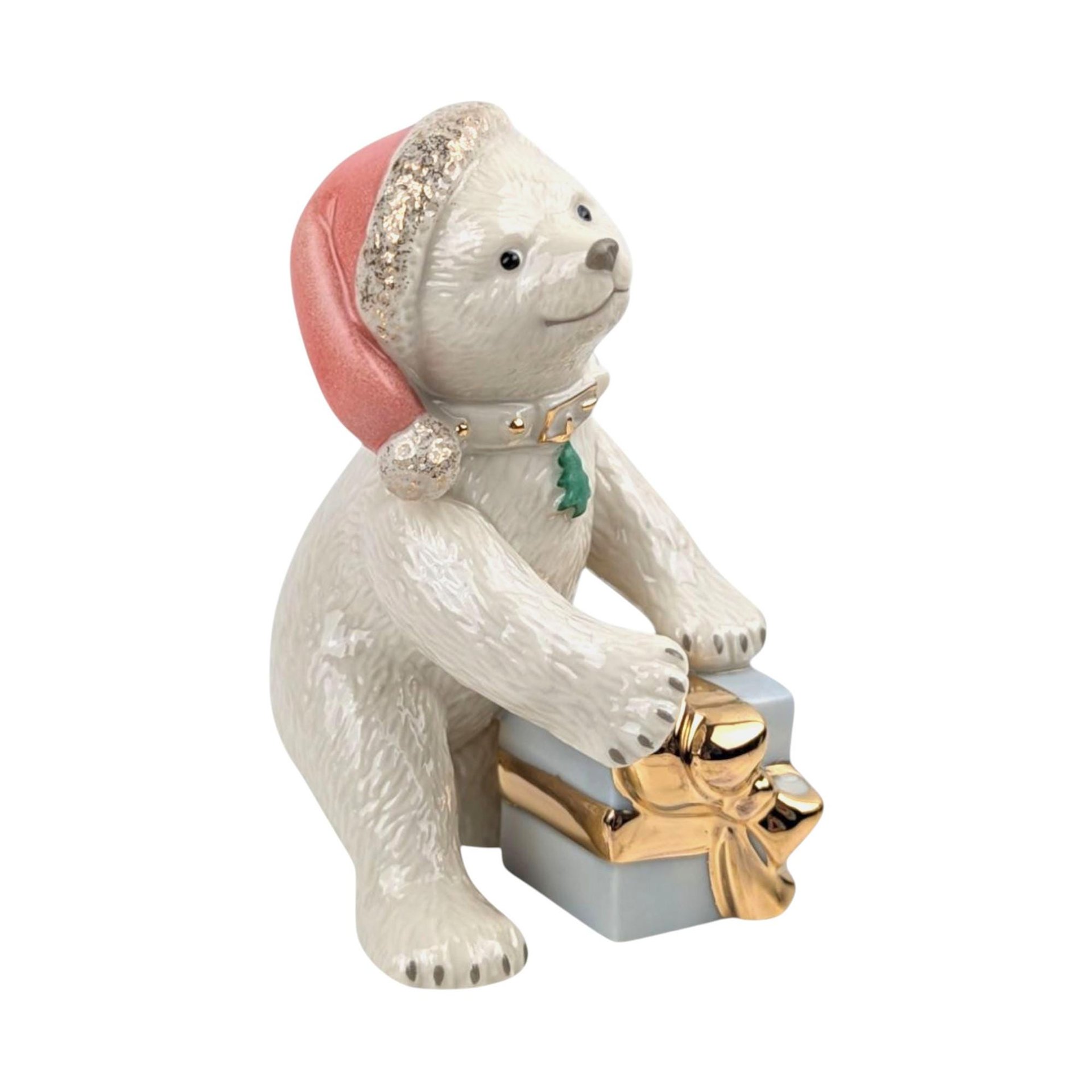 Vintage Lenox Christmas Cub Figurine: Ivory Porcelain Polar Bear with Gold Trim