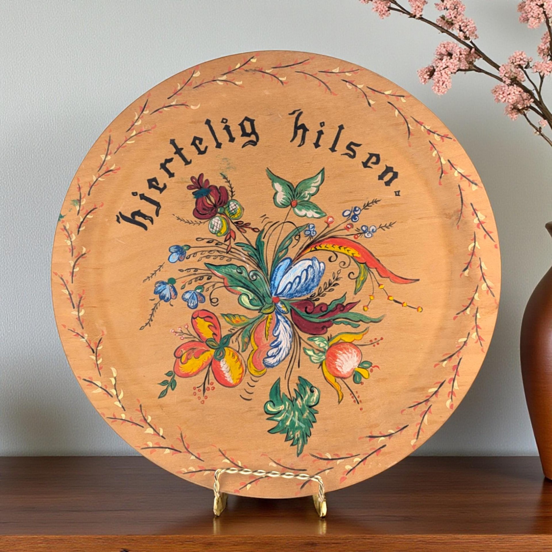 Vintage 1956 Hand Painted Wood Plate: Norwegian Rosemaling, Folk Art Decor