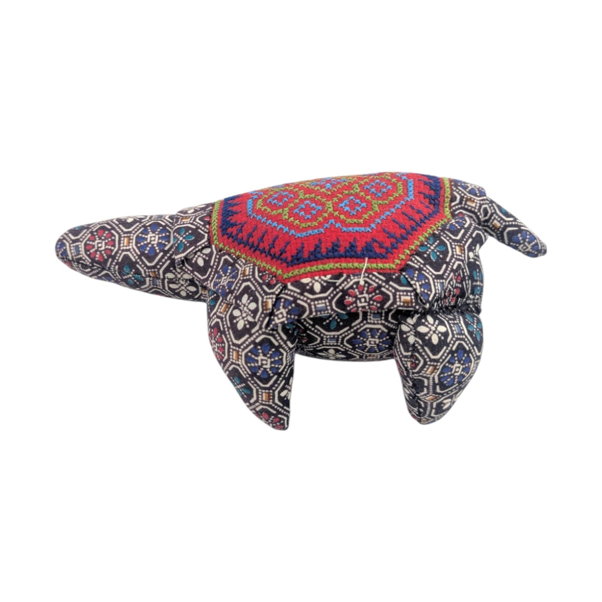 Vintage Handmade Turtle Figurine: Upholstery Fabric Plush, Folk Art Pincushion