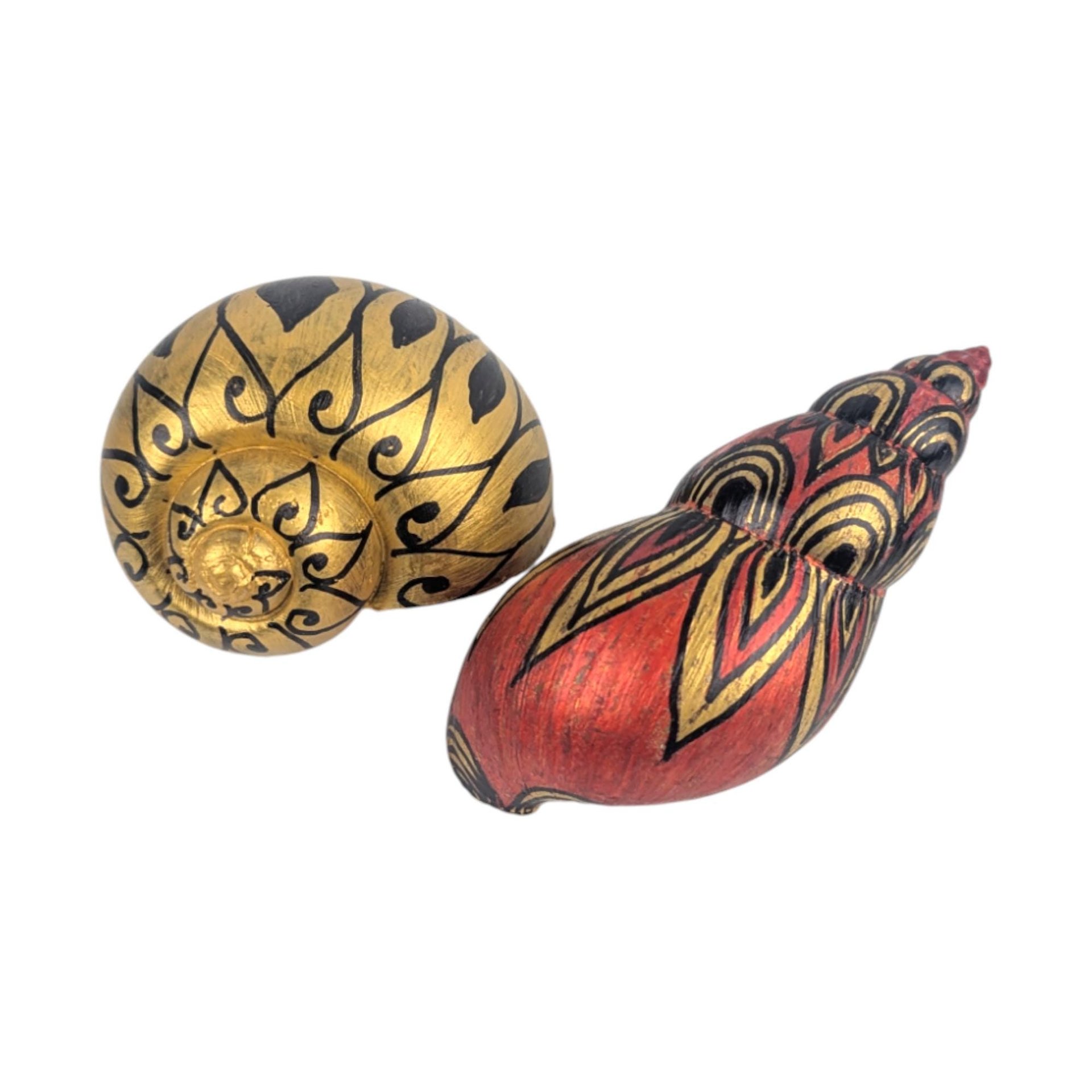 Vintage Hand Painted Seashells: Southeast Asian Style, Black and Gold Decor Pair