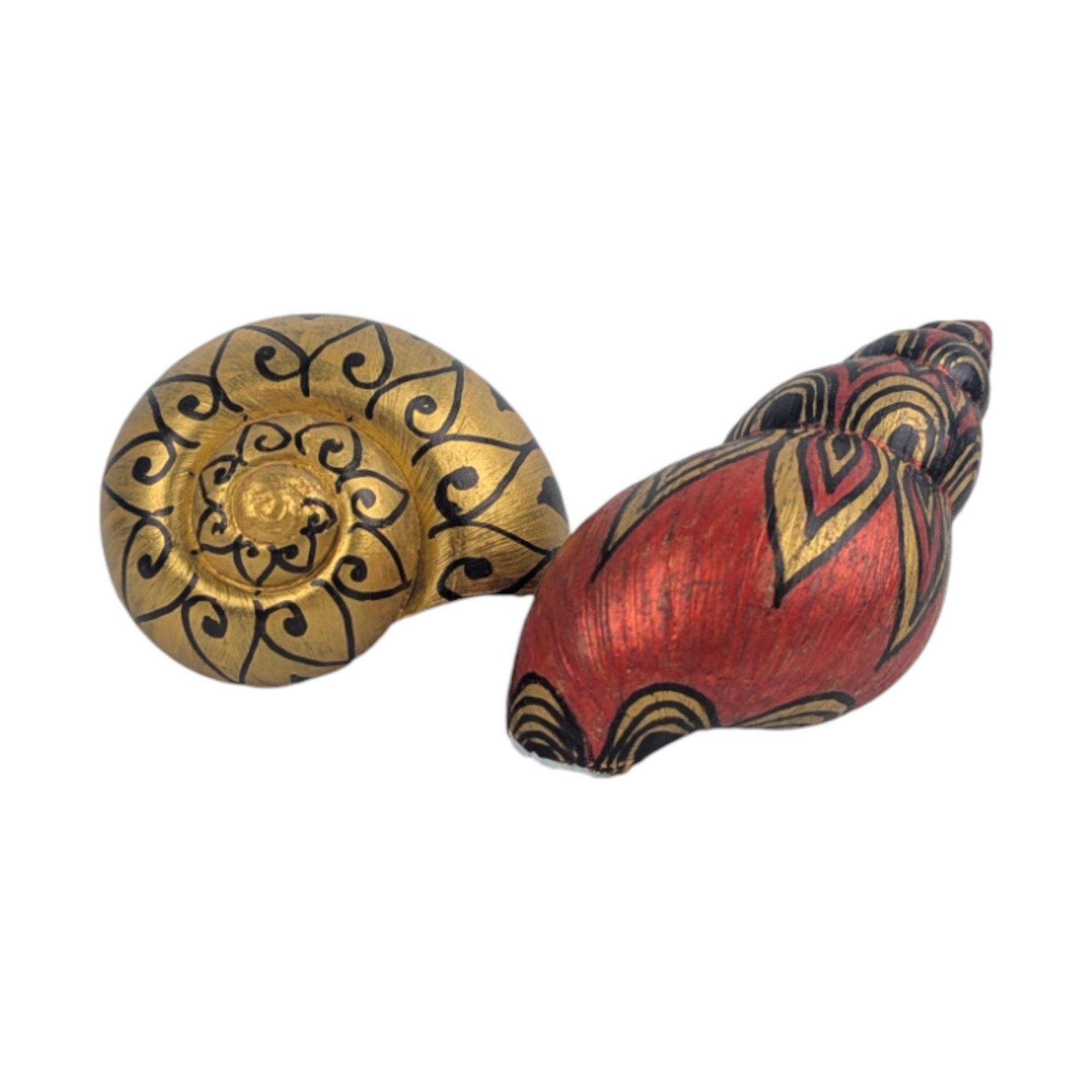 Vintage Hand Painted Seashells: Southeast Asian Style, Black and Gold Decor Pair
