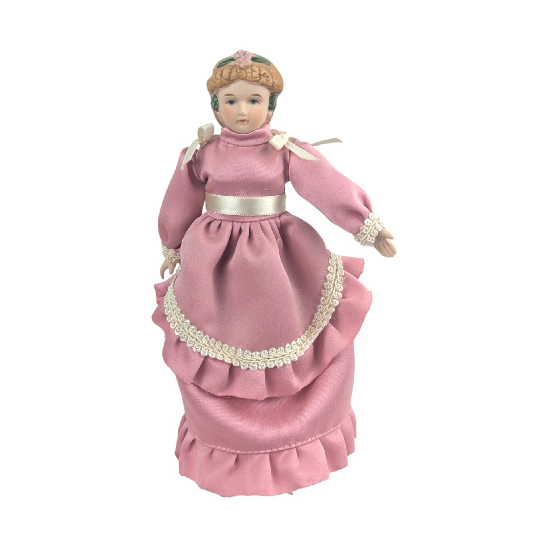 Vintage Victoria Intex Porcelain Doll: Collectible 8-Inch Doll in Pink Victorian Dress