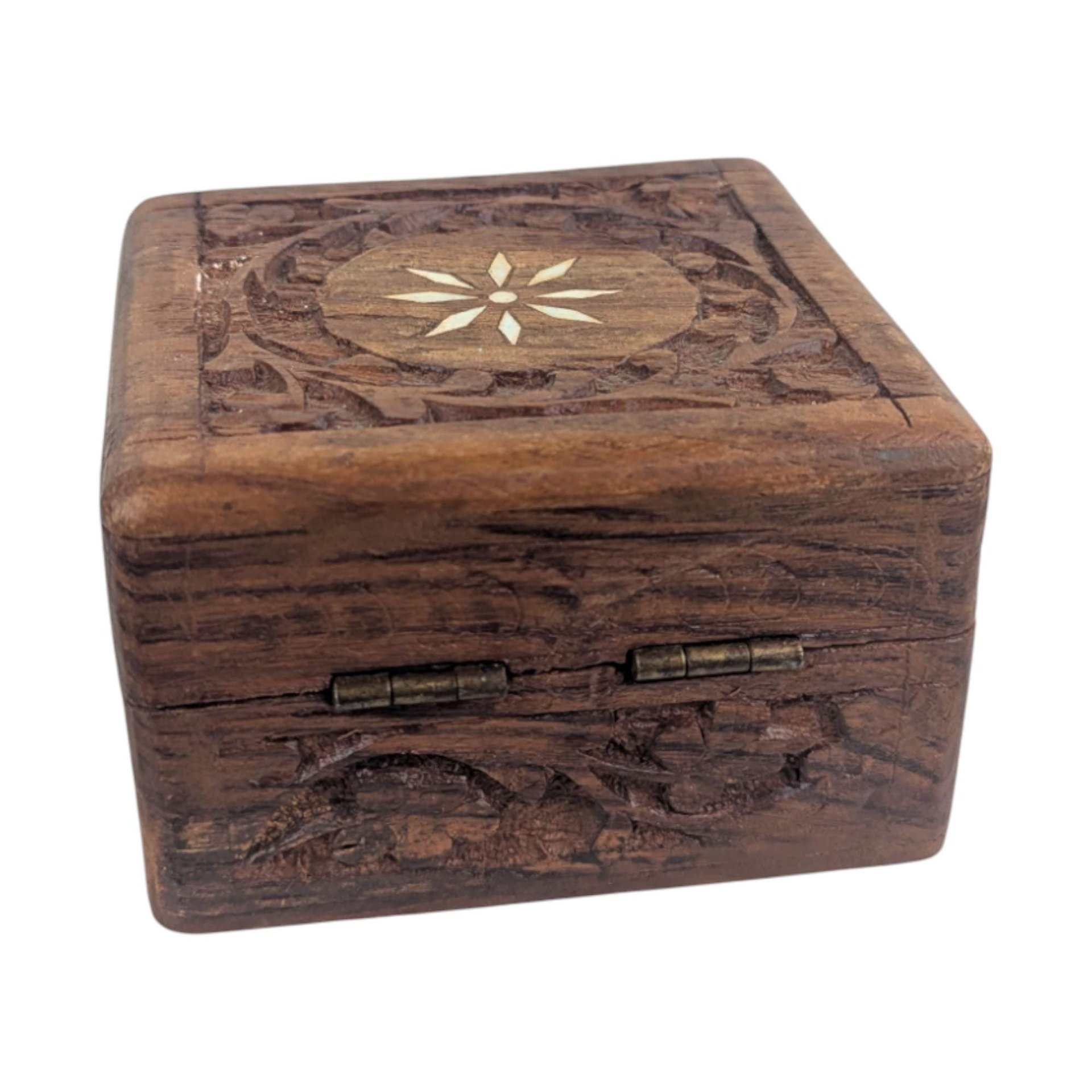 Vintage Carved Wooden Box: Hand Carved Indian Wood, Inlay Trinket or Jewelry Box