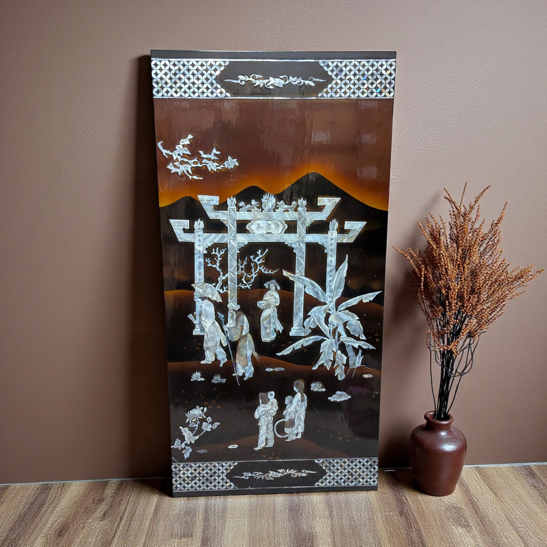 Vintage Vietnamese Mother of Pearl Panel: Torii Gate Lacquerware Wall Art