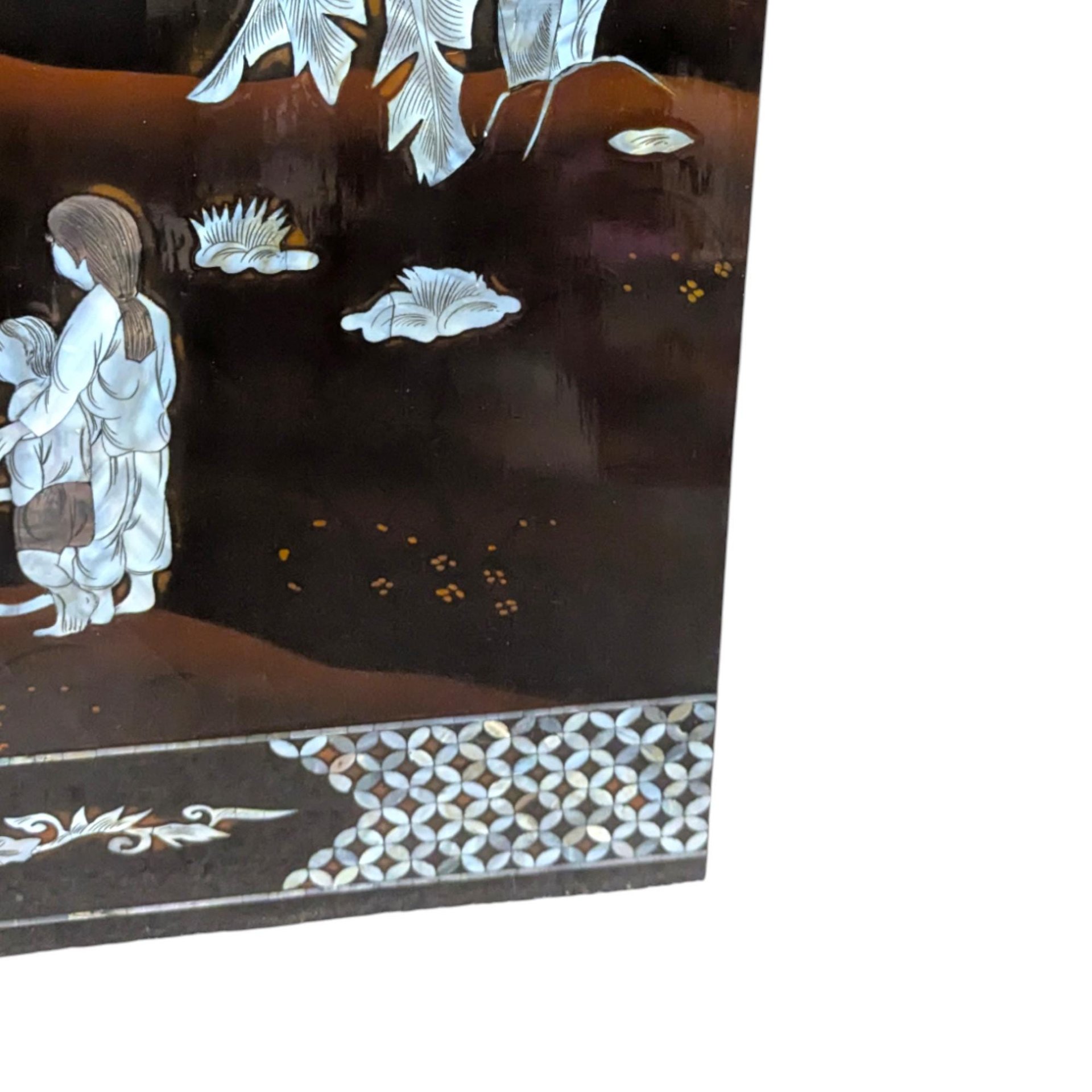 Vintage Vietnamese Mother of Pearl Panel: Torii Gate Lacquerware Wall Art