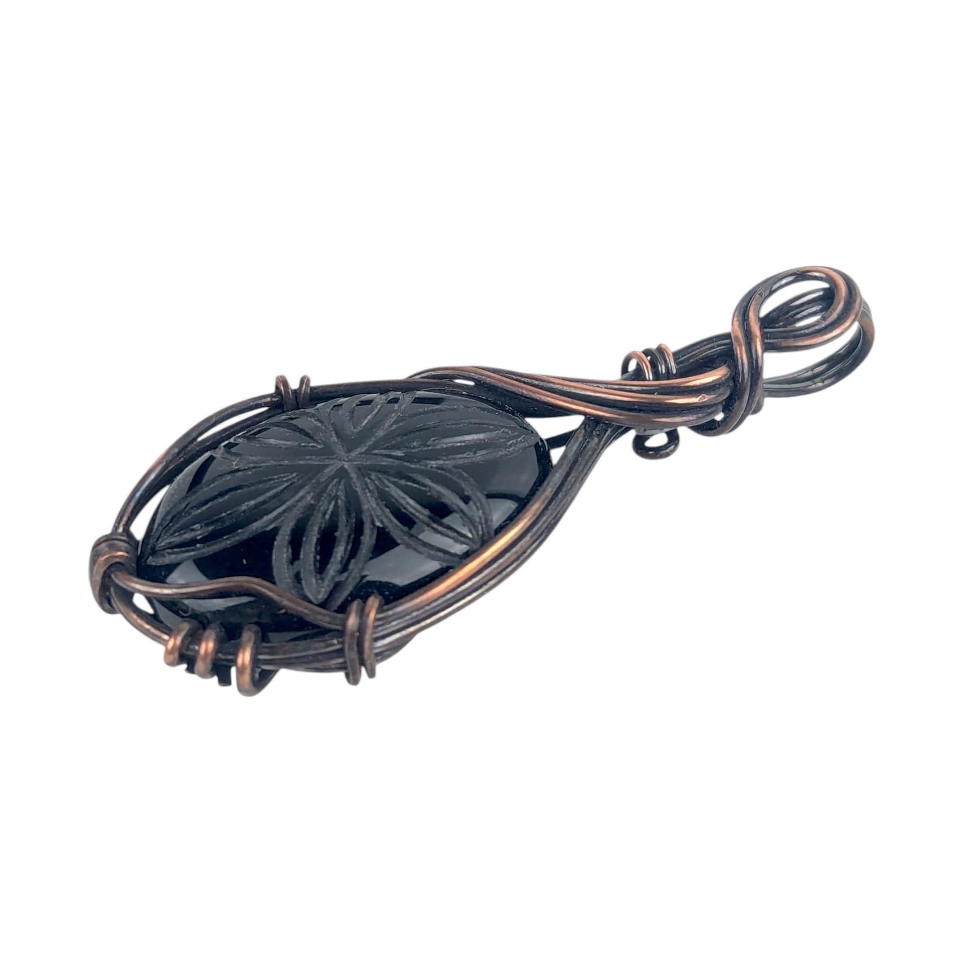 Handmade Copper Wire Black Onyx Pendant: Carved Gemstone Jewelry