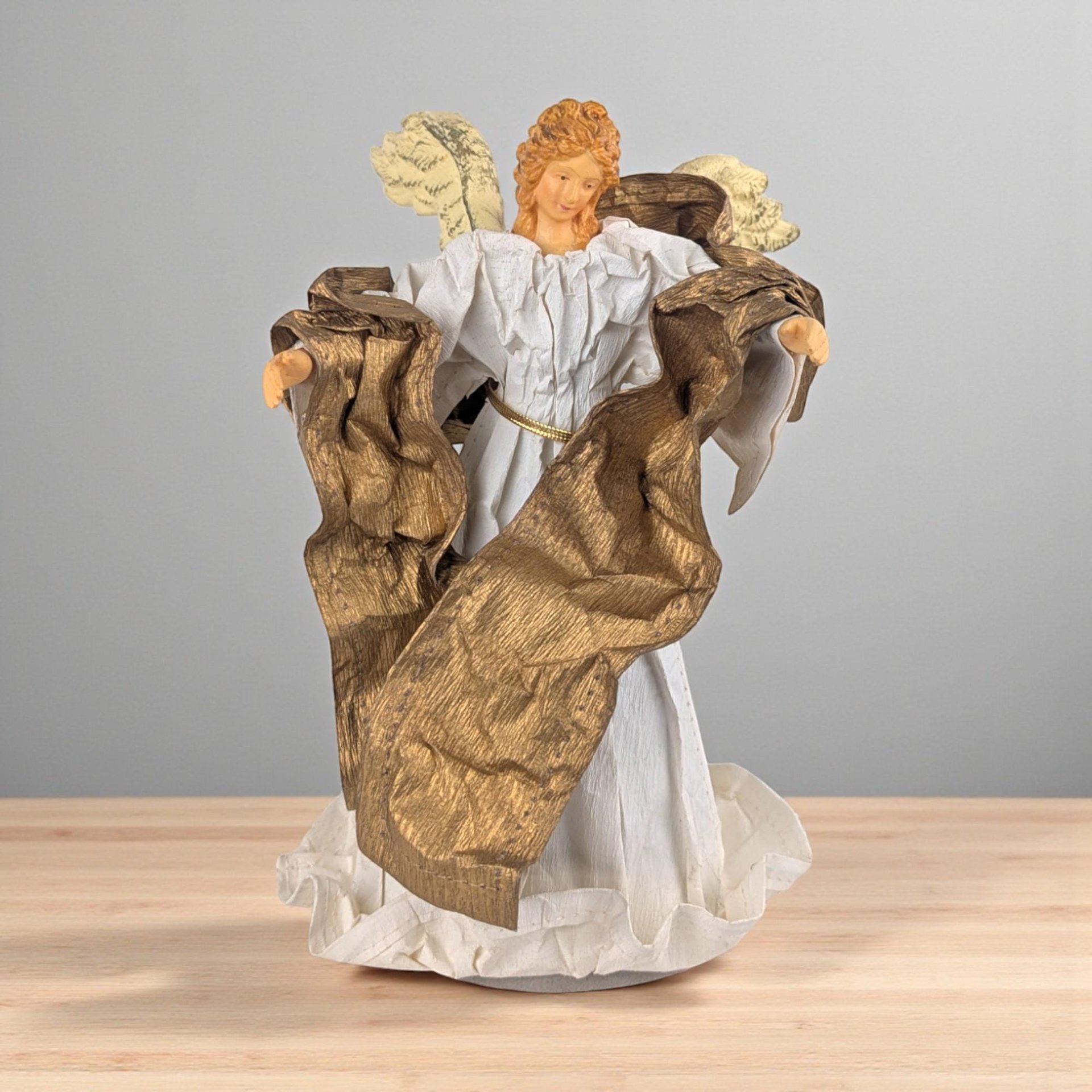 Vintage Angel Tree Topper: White and Gold Gown, Holiday Mantle Decor