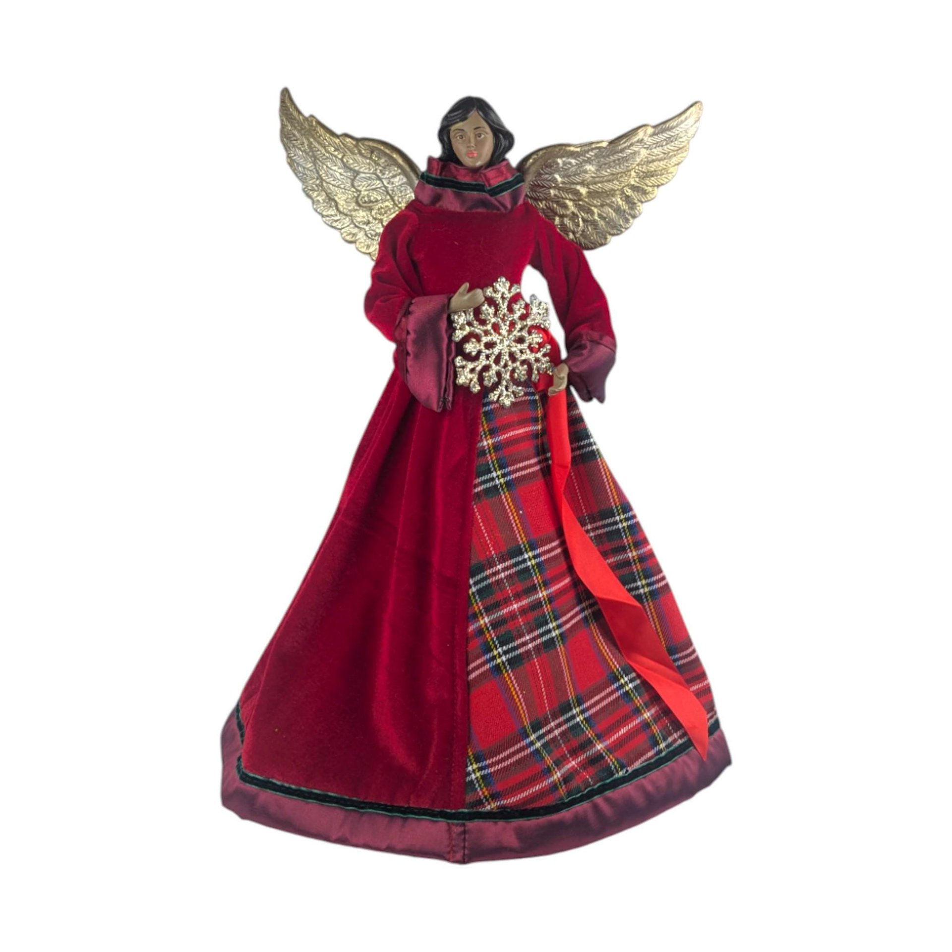 Vintage Black Angel Tree Topper: African American Figure in Red Velvet & Plaid Gown
