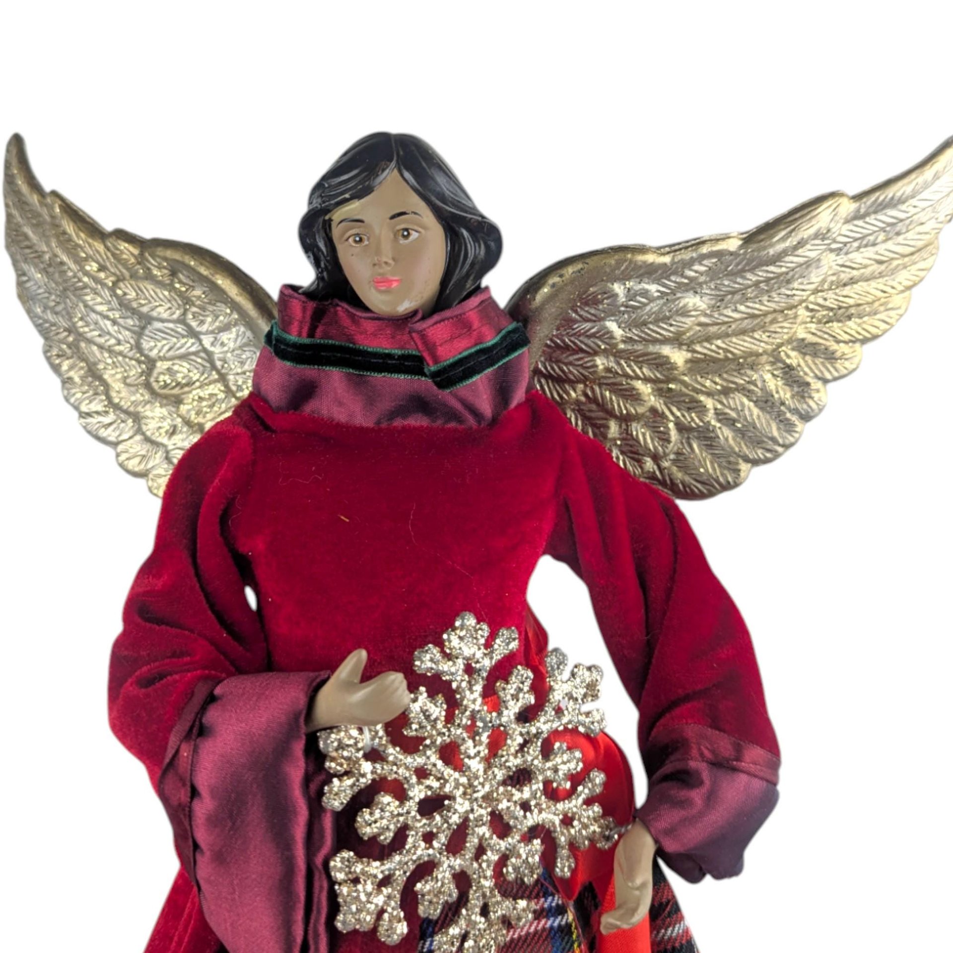 Vintage Black Angel Tree Topper: African American Figure in Red Velvet & Plaid Gown