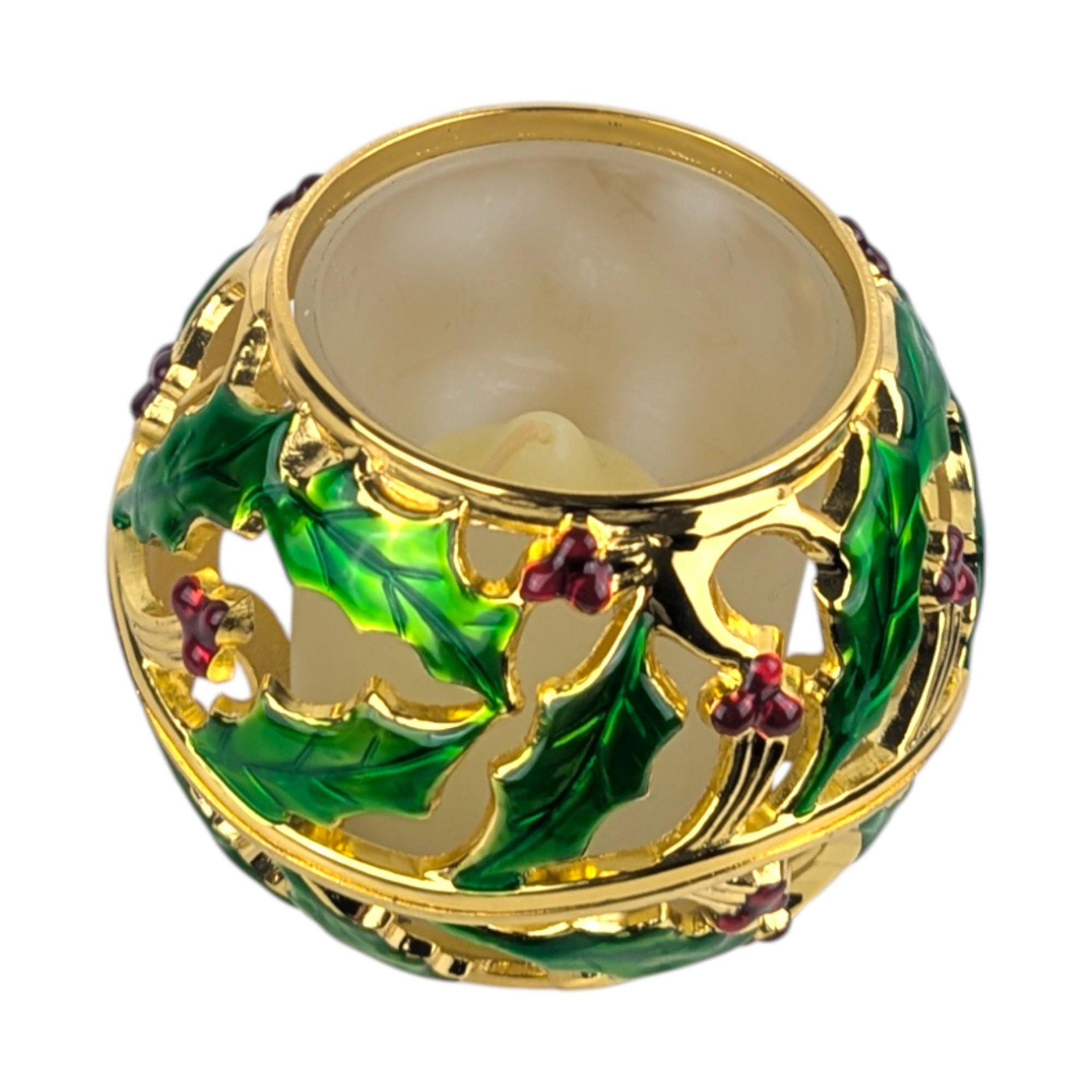 Vintage Lenox Holiday Dimension Votive: Gold & Enamel Holly Candle Holder