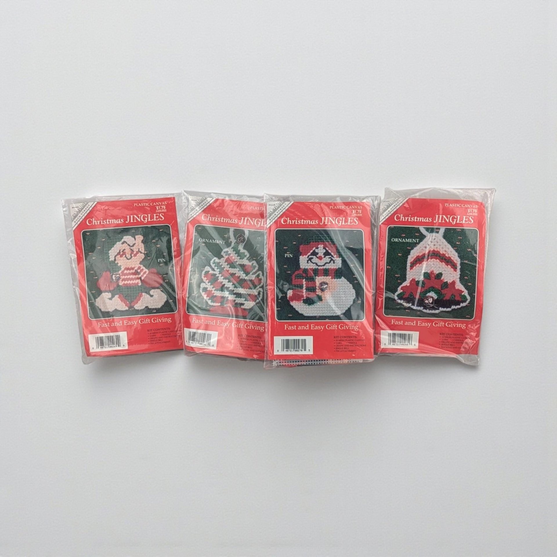 Vintage Christmas Plastic Canvas Kits: Set of 4, Jingles Ornaments & Pins Craft Lot